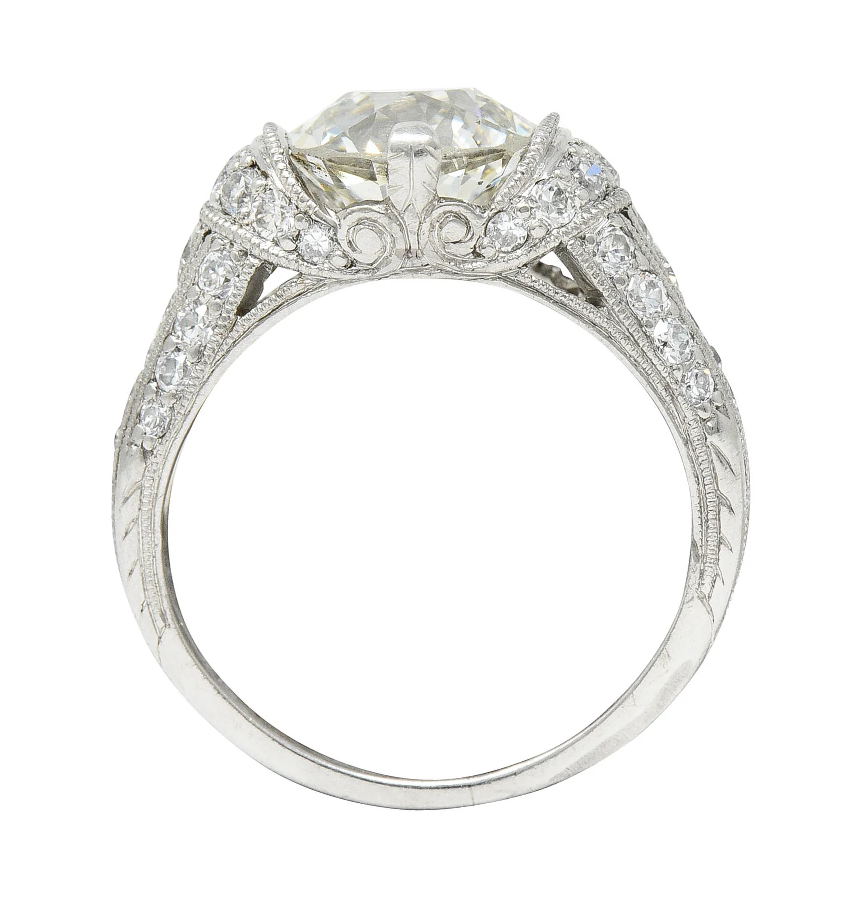 Edwardian 3.00 CTW Old Mine Cut Diamond Platinum Scrolled Feather Antique Engagement Ring - Image 9