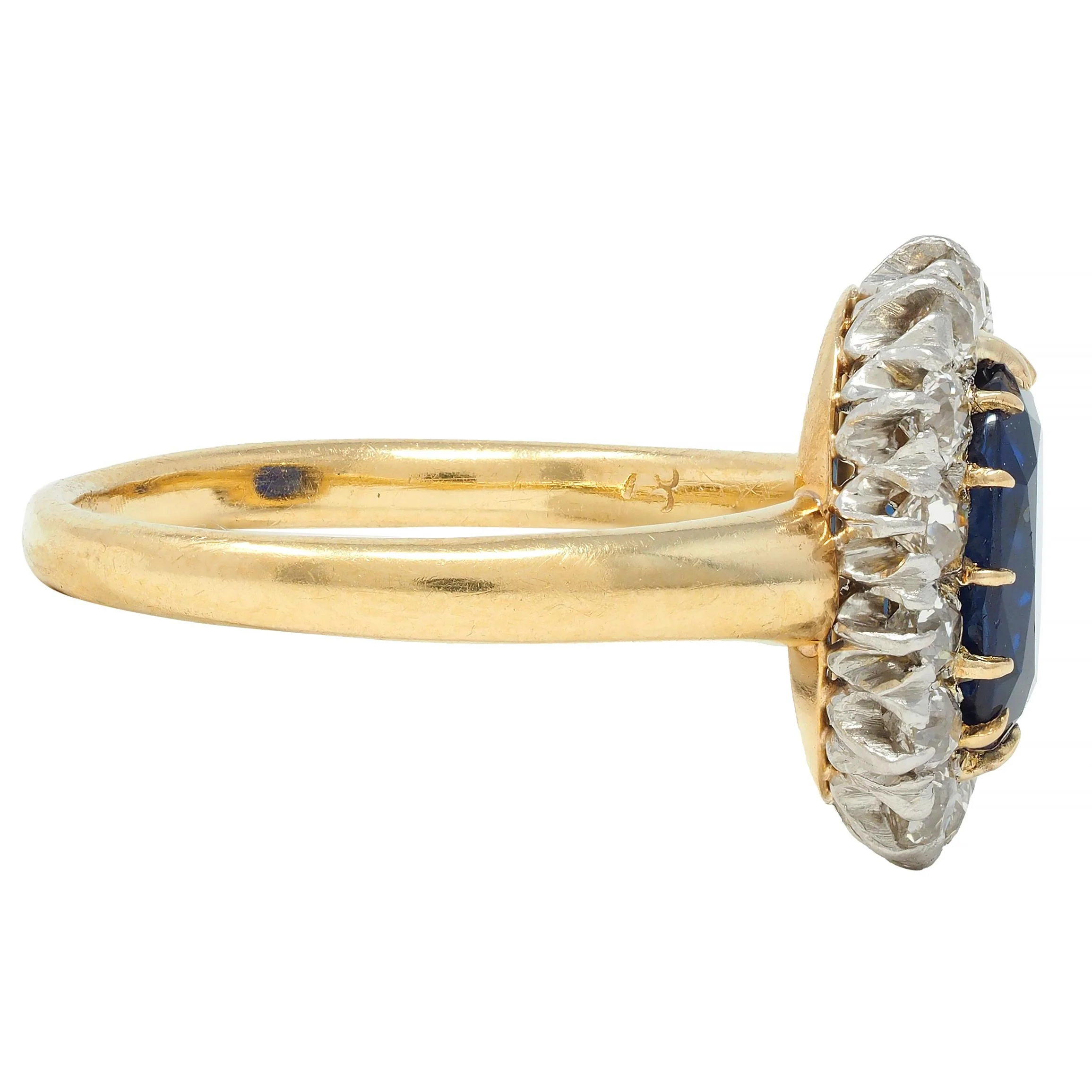 Edwardian 3.07 CTW No Heat Sapphire Diamond Platinum 18 Karat Gold Antique Halo Ring GIA - Image 3