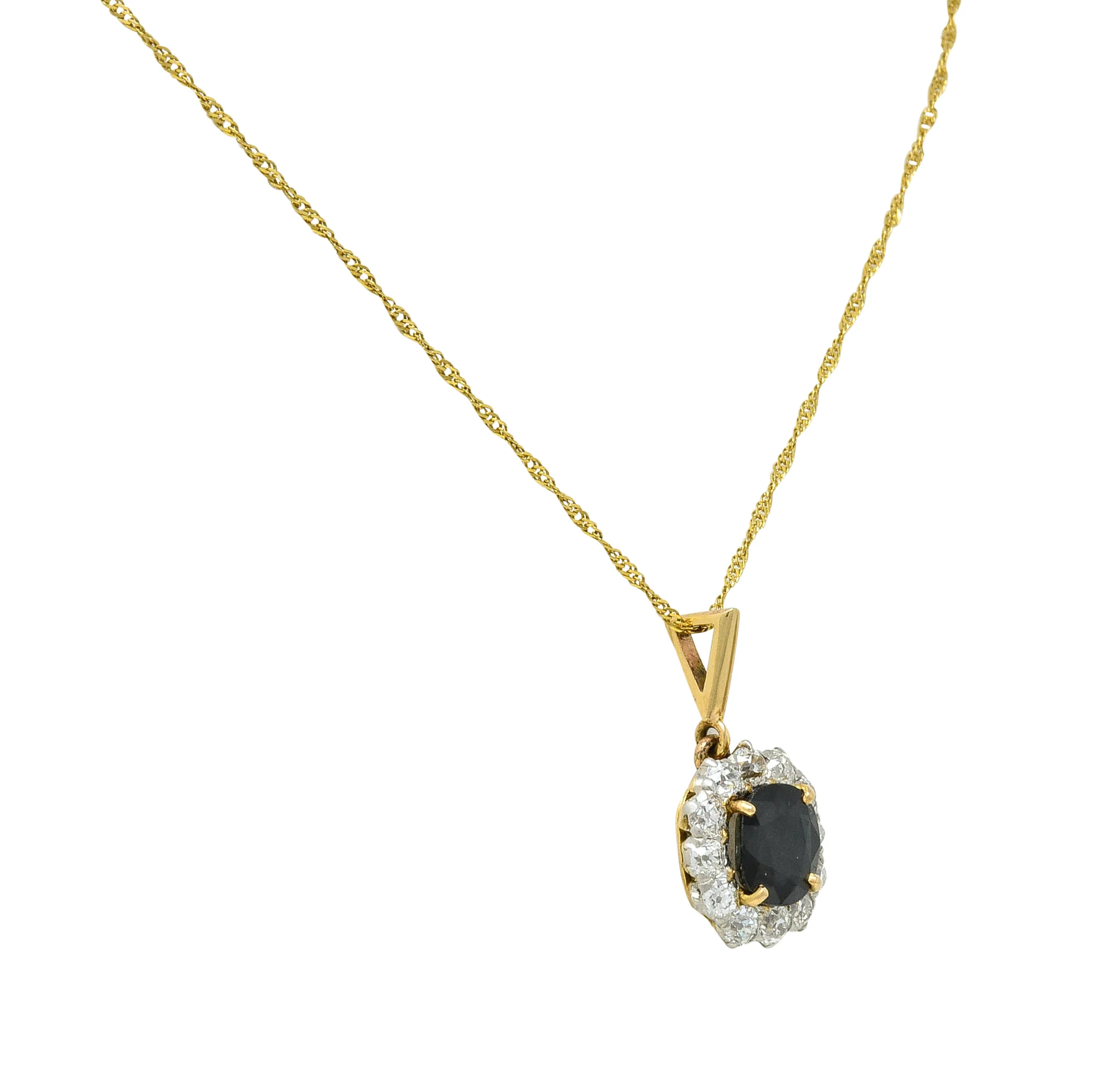 Edwardian 3.07 CTW Sapphire Diamond 14 Karat Two-Tone Gold Cluster Pendant Necklace - Image 3
