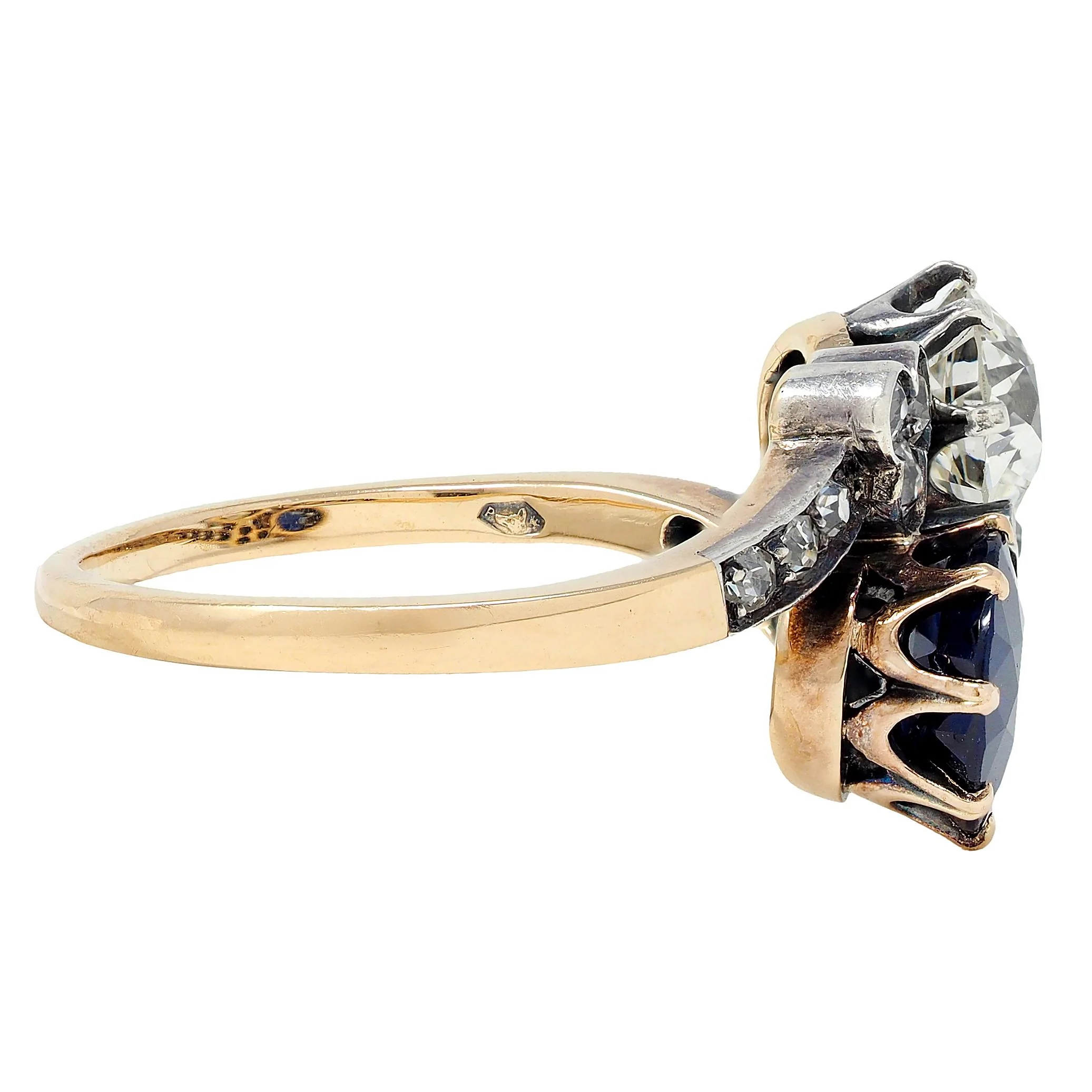 Edwardian 3.20 CTW Diamond Sapphire Silver 14 Karat Yellow Gold Antique Toi et Moi Ring GIA - Image 3
