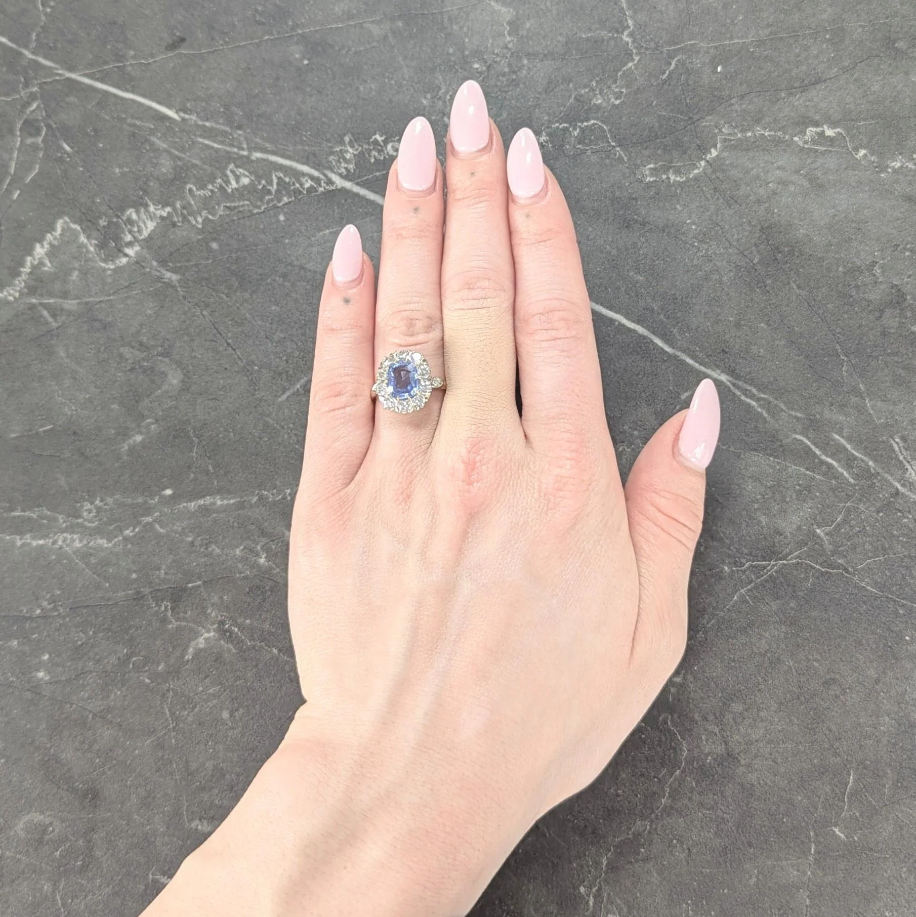 Edwardian 3.30 CTW No Heat Ceylon Sapphire Diamond Platinum 14 Karat Gold Antique Halo Ring GIA - Image 10