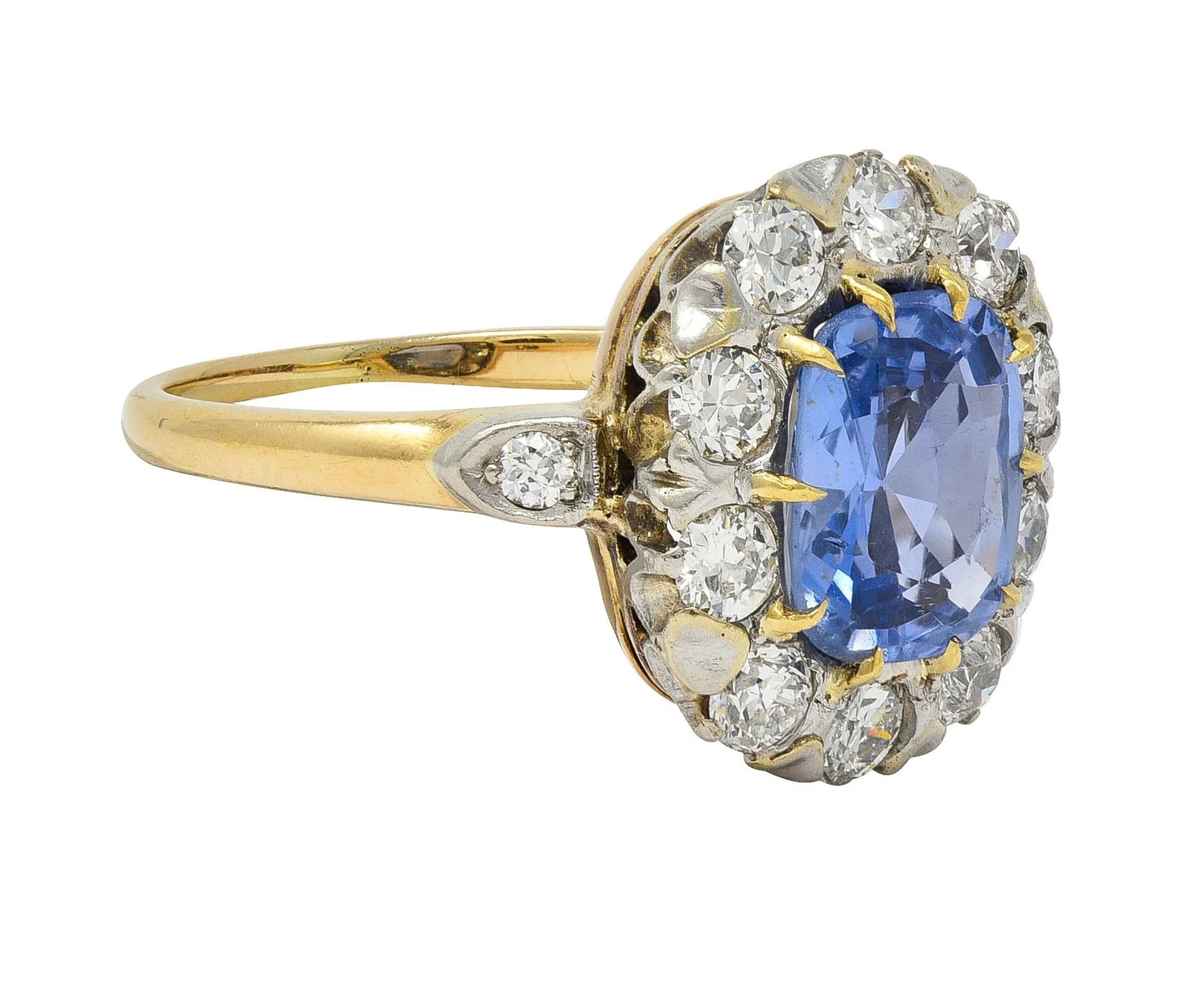 Edwardian 3.30 CTW No Heat Ceylon Sapphire Diamond Platinum 14 Karat Gold Antique Halo Ring GIA - Image 2