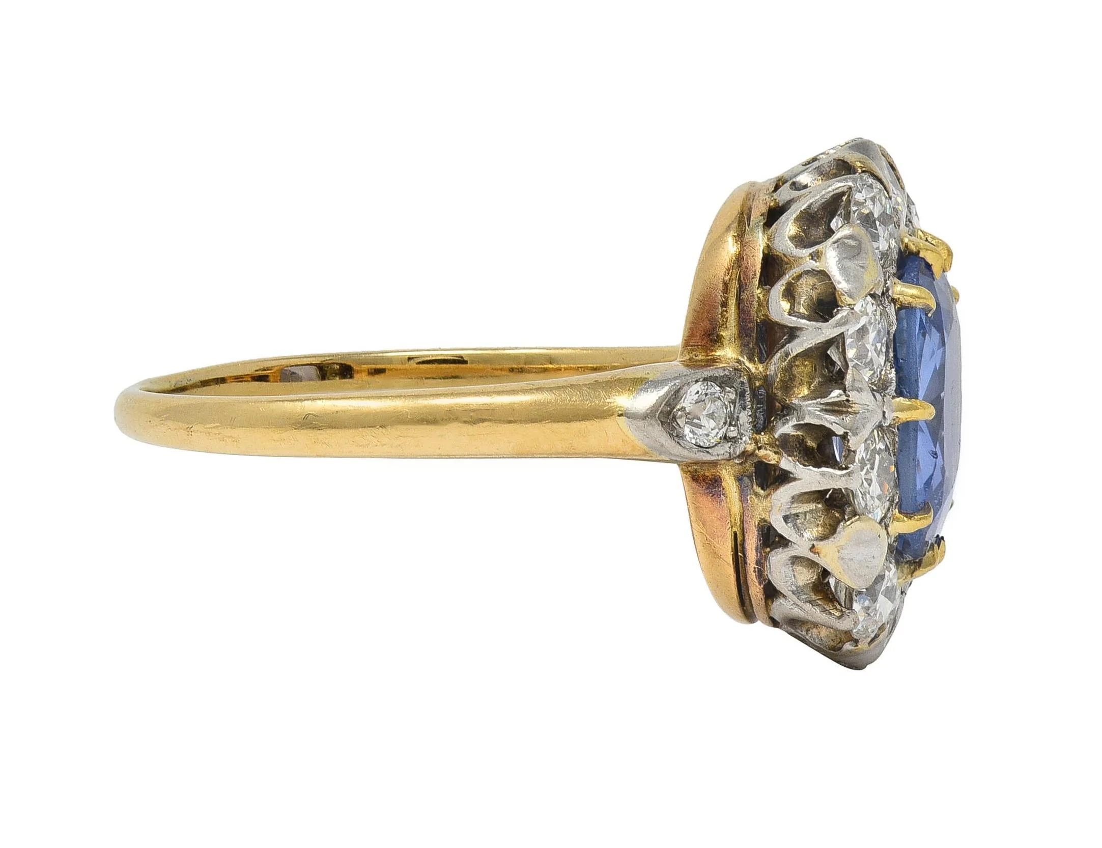 Edwardian 3.30 CTW No Heat Ceylon Sapphire Diamond Platinum 14 Karat Gold Antique Halo Ring GIA - Image 4