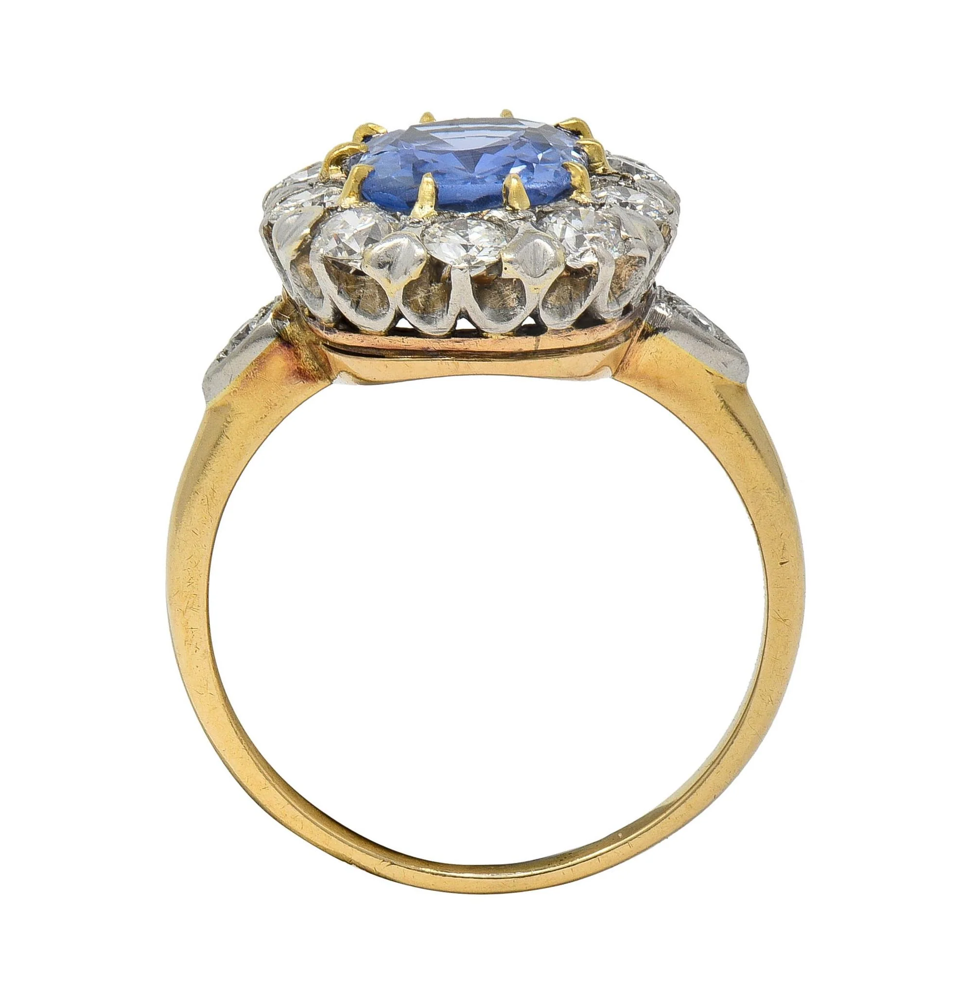 Edwardian 3.30 CTW No Heat Ceylon Sapphire Diamond Platinum 14 Karat Gold Antique Halo Ring GIA - Image 8
