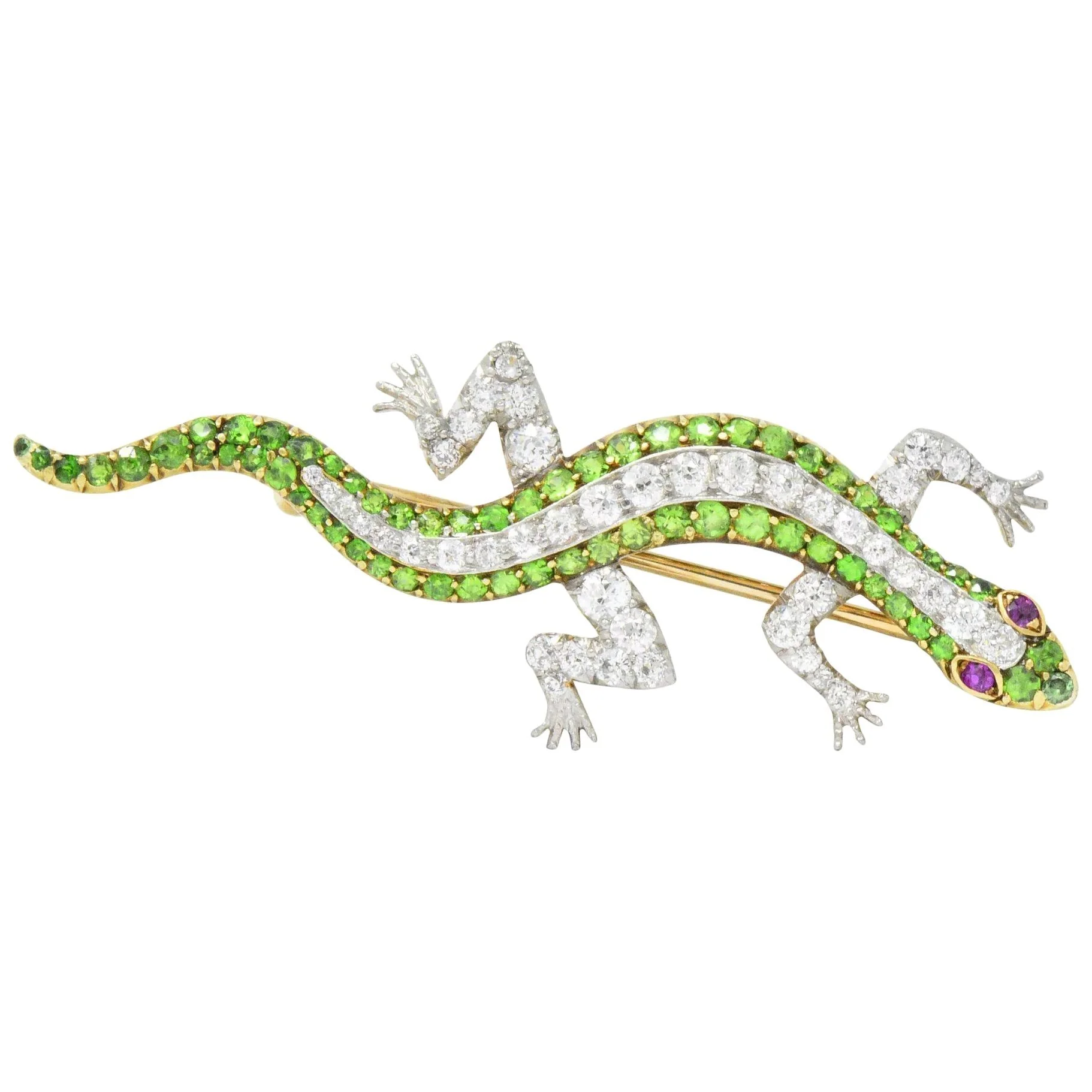 Edwardian 3.40 CTW Diamond Demantoid Garnet Ruby Platinum-Topped Gold Lizard Brooch