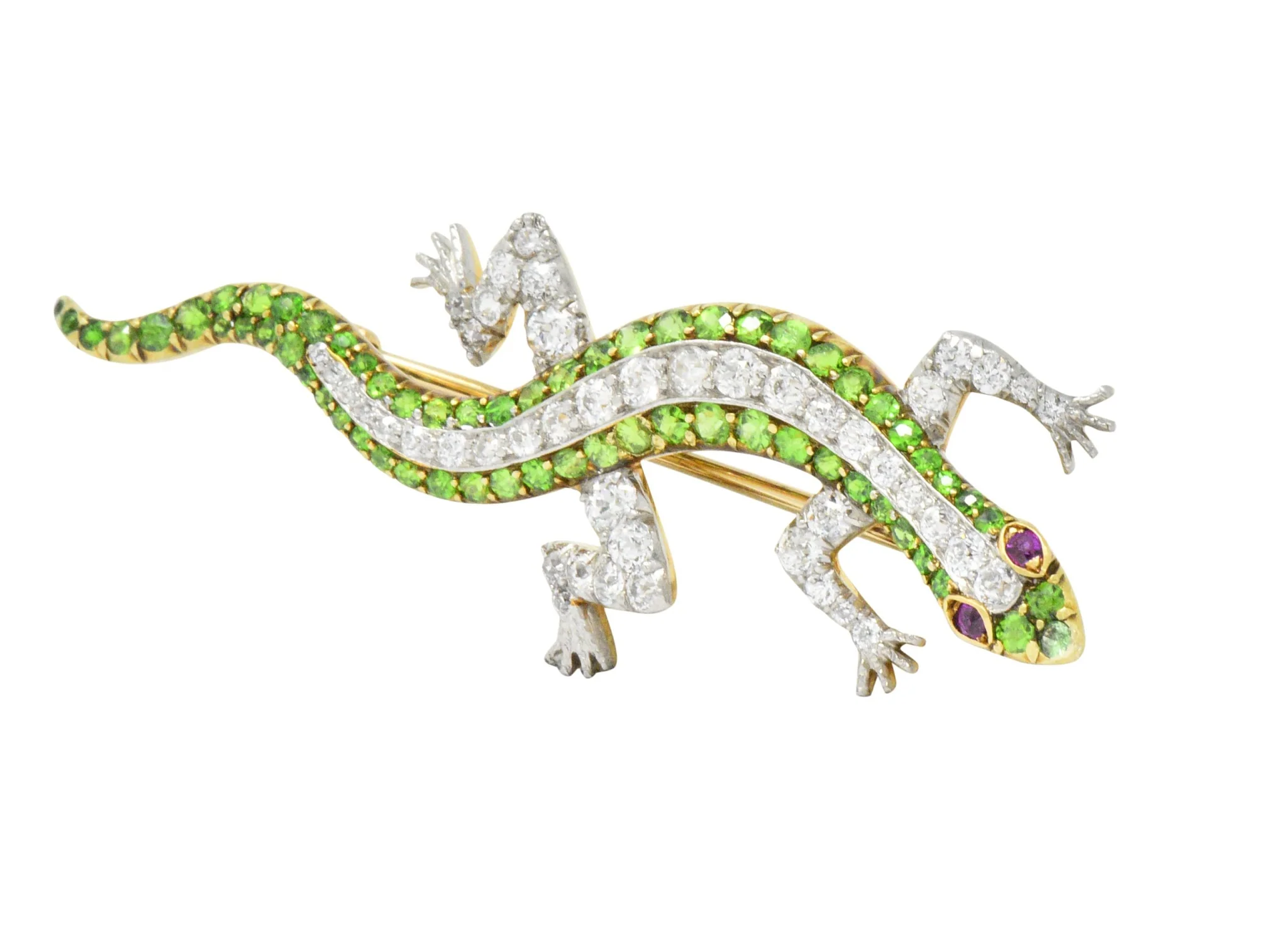 Edwardian 3.40 CTW Diamond Demantoid Garnet Ruby Platinum-Topped Gold Lizard Brooch - Image 2