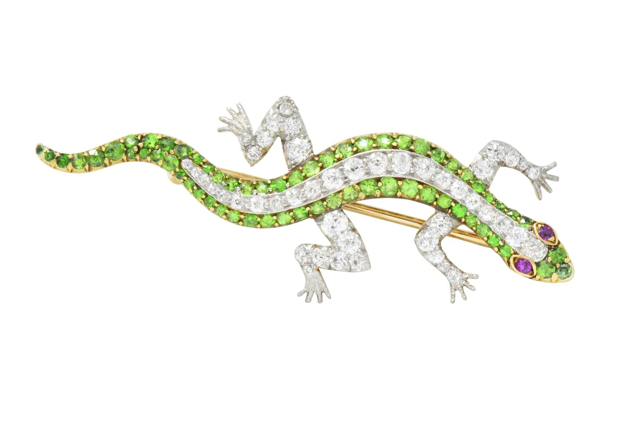 Edwardian 3.40 CTW Diamond Demantoid Garnet Ruby Platinum-Topped Gold Lizard Brooch - Image 6