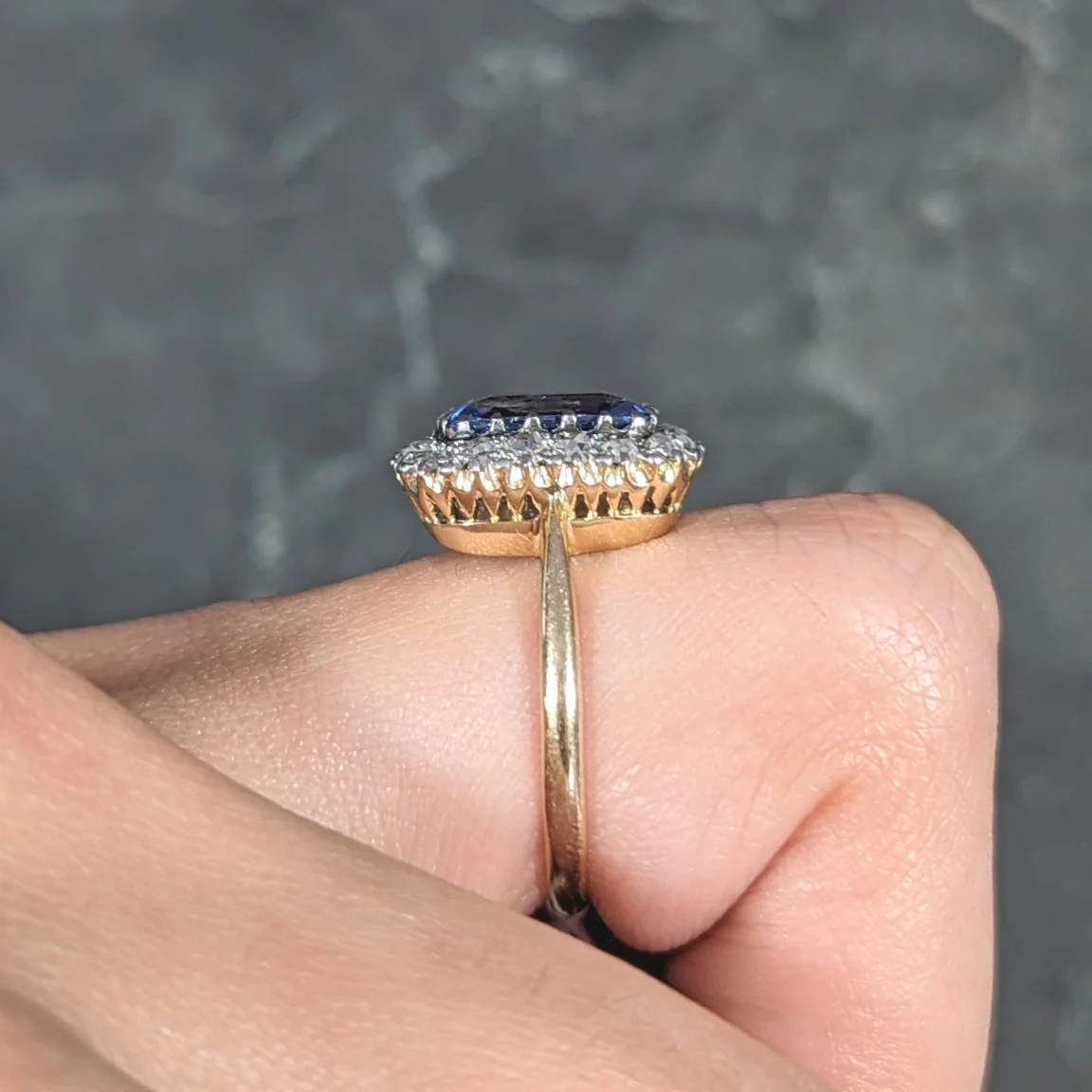 Edwardian 3.47 CTW Cushion Cut No Heat Ceylon Sapphire Diamond Platinum-Topped 18 Karat Yellow Gold Antique Halo Ring GIA - Image 15