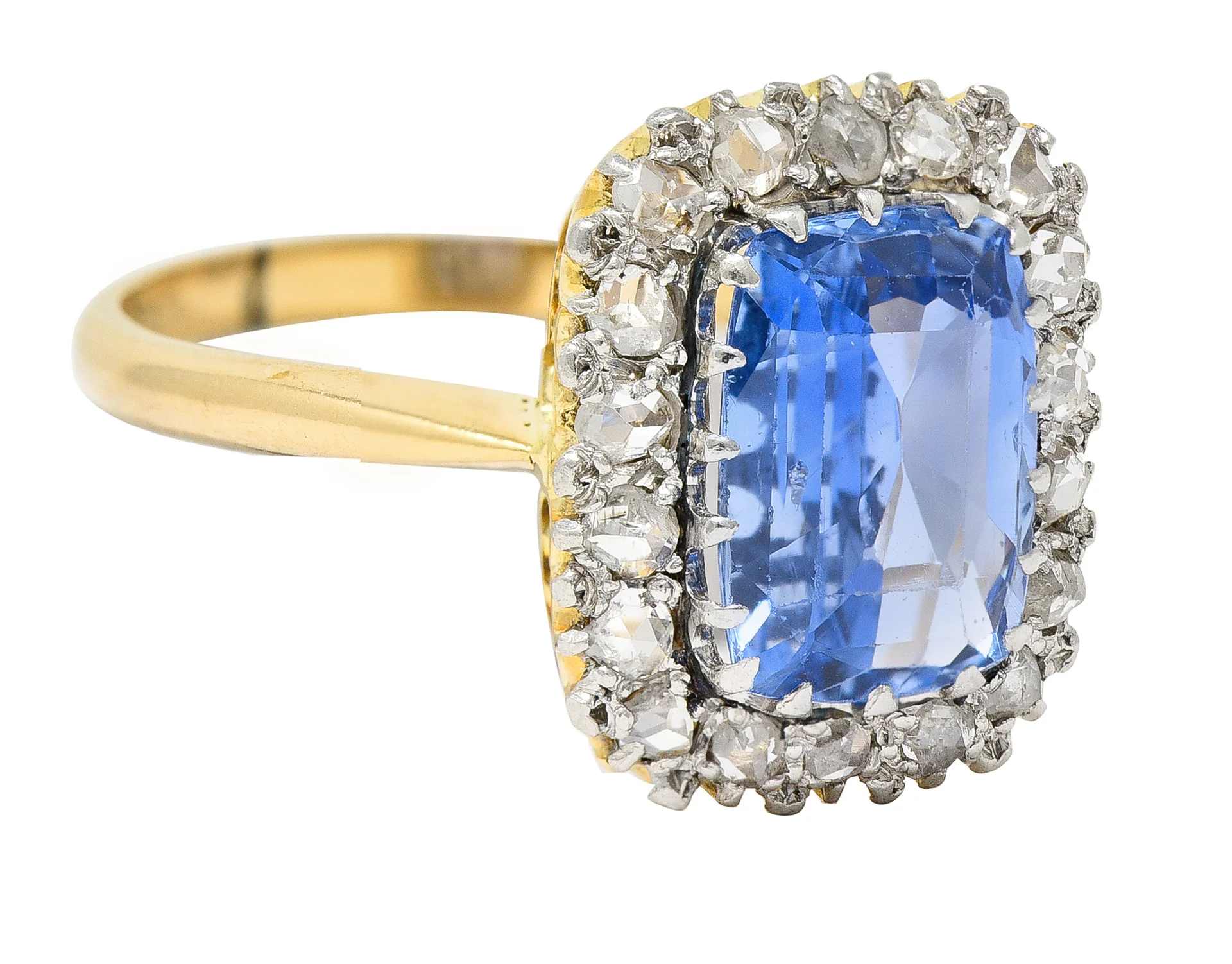 Edwardian 3.47 CTW Cushion Cut No Heat Ceylon Sapphire Diamond Platinum-Topped 18 Karat Yellow Gold Antique Halo Ring GIA - Image 2