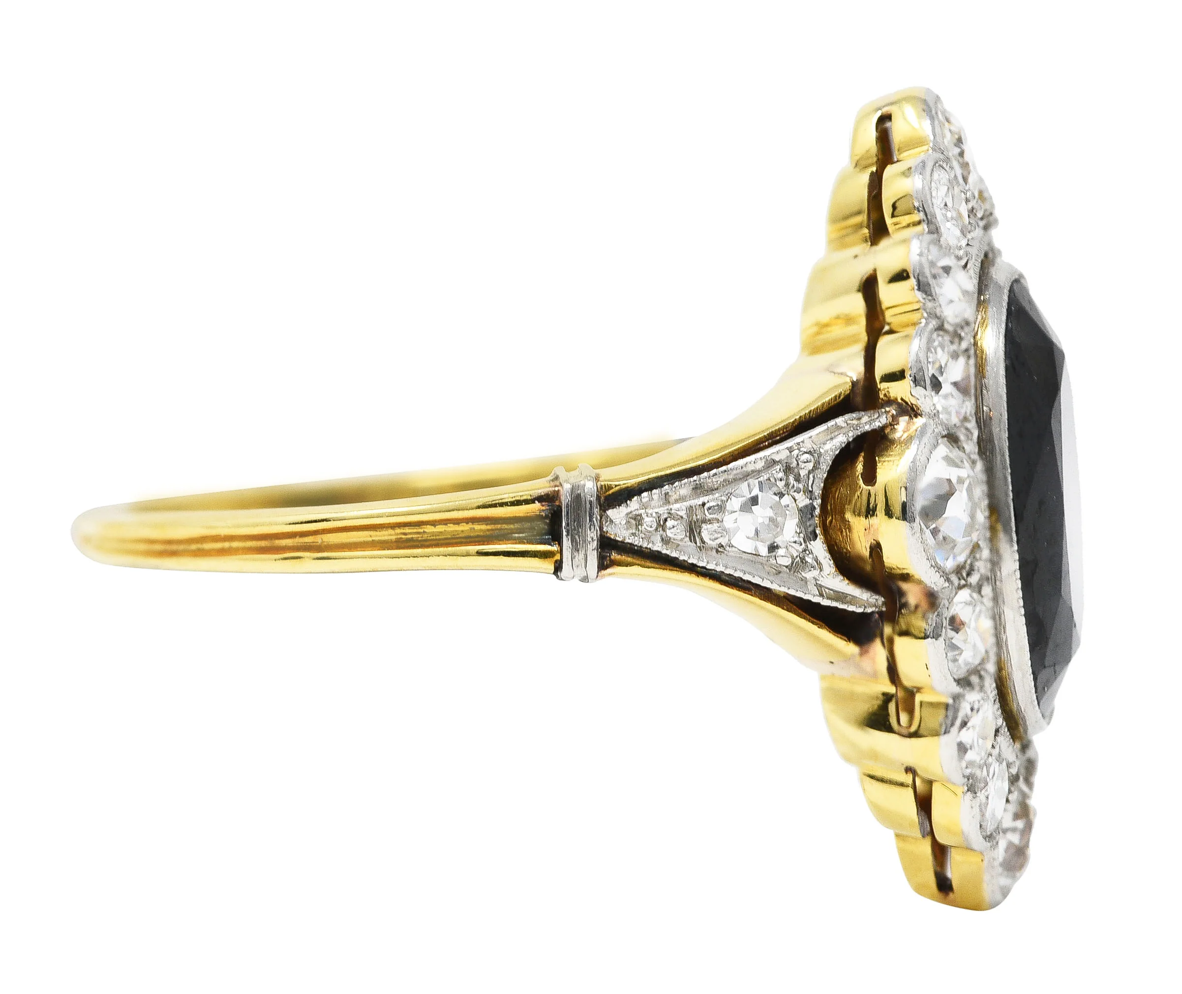 Edwardian 3.60 CTW Oval Cut Sapphire Old Mine & European Cut Diamond Platinum-Topped 18 Karat Yellow Gold Antique Halo Ring - Image 3