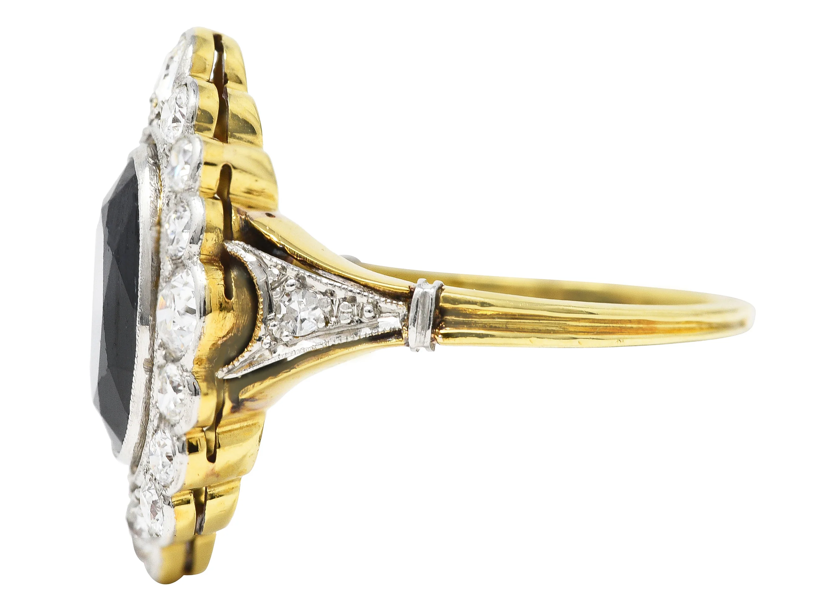 Edwardian 3.60 CTW Oval Cut Sapphire Old Mine & European Cut Diamond Platinum-Topped 18 Karat Yellow Gold Antique Halo Ring - Image 5