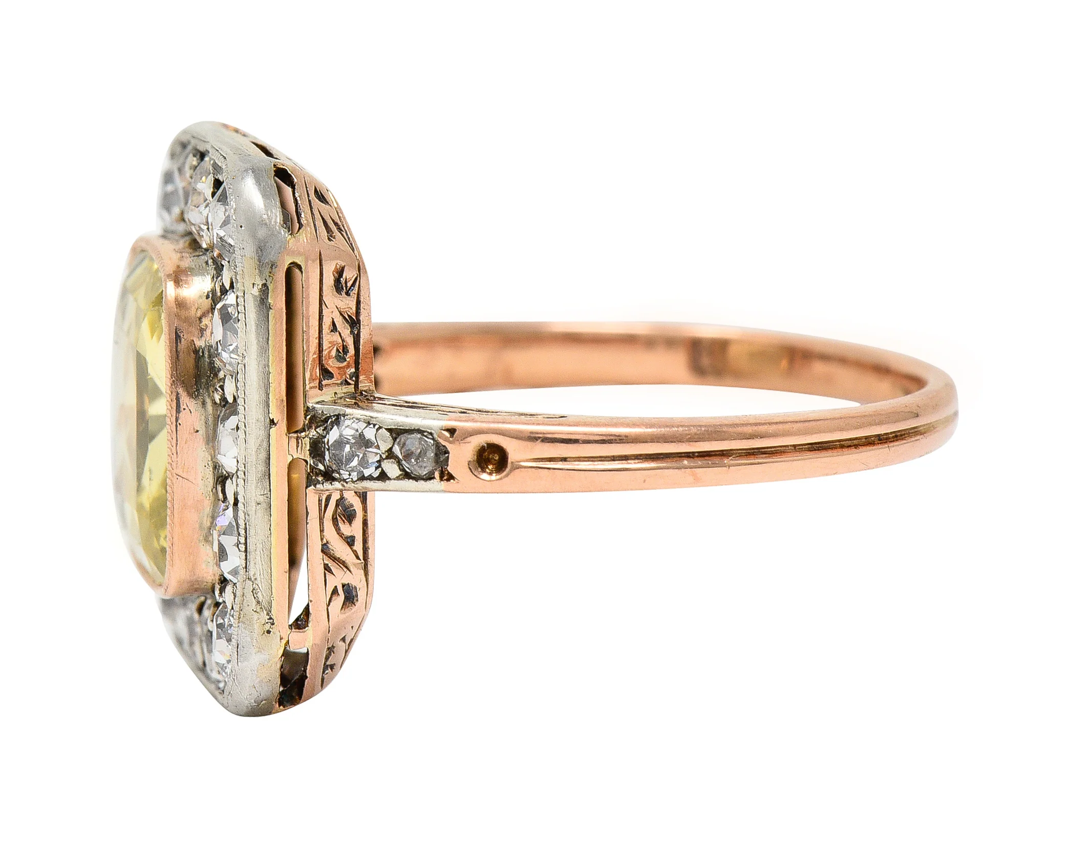 Edwardian 3.84 CTW Yellow Sapphire Diamond Platinum 18 Karat Rose Gold Antique Halo Ring GIA - Image 6