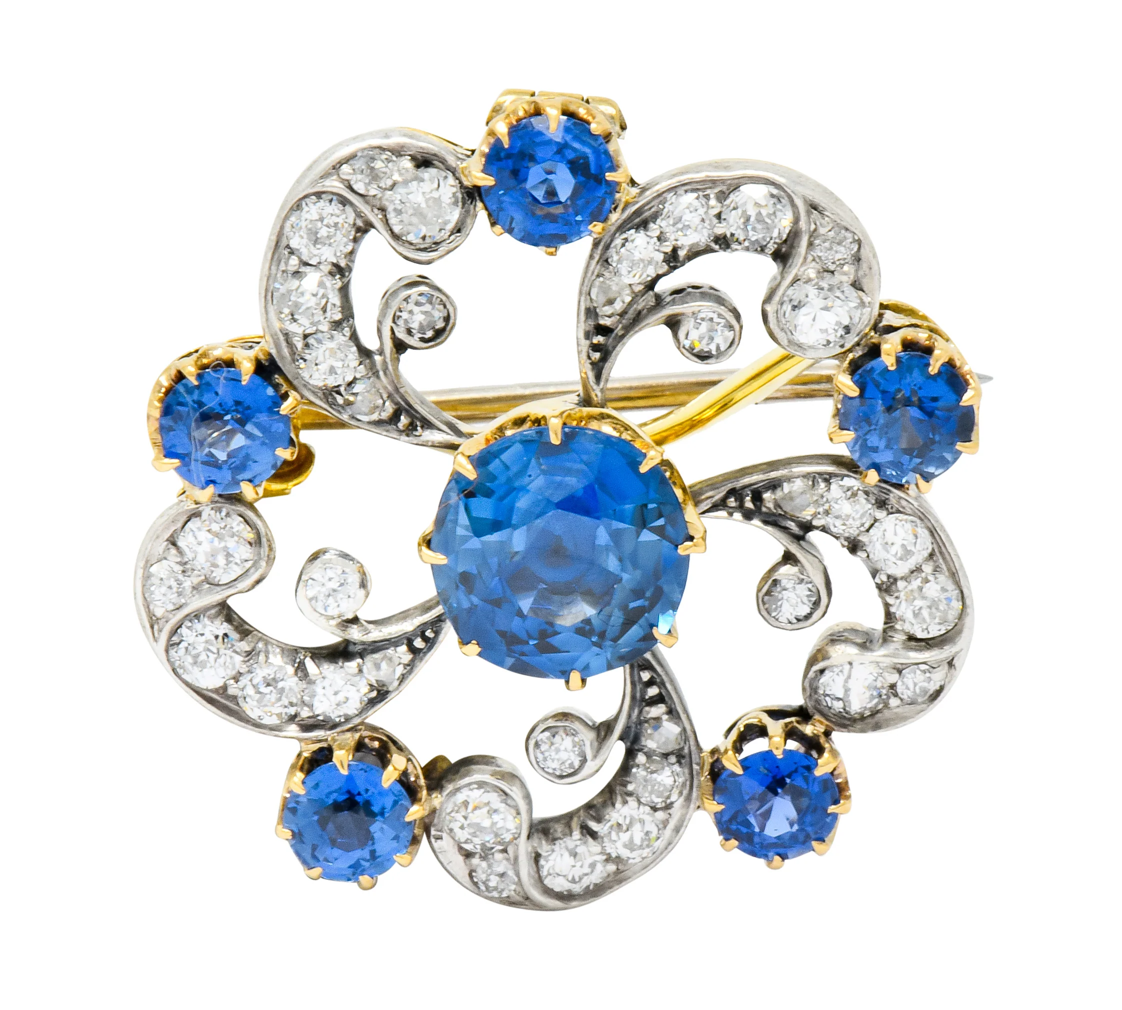 Edwardian 3.90 CTW Sapphire Diamond Platinum-Topped Floral Pendant Brooch - Image 2