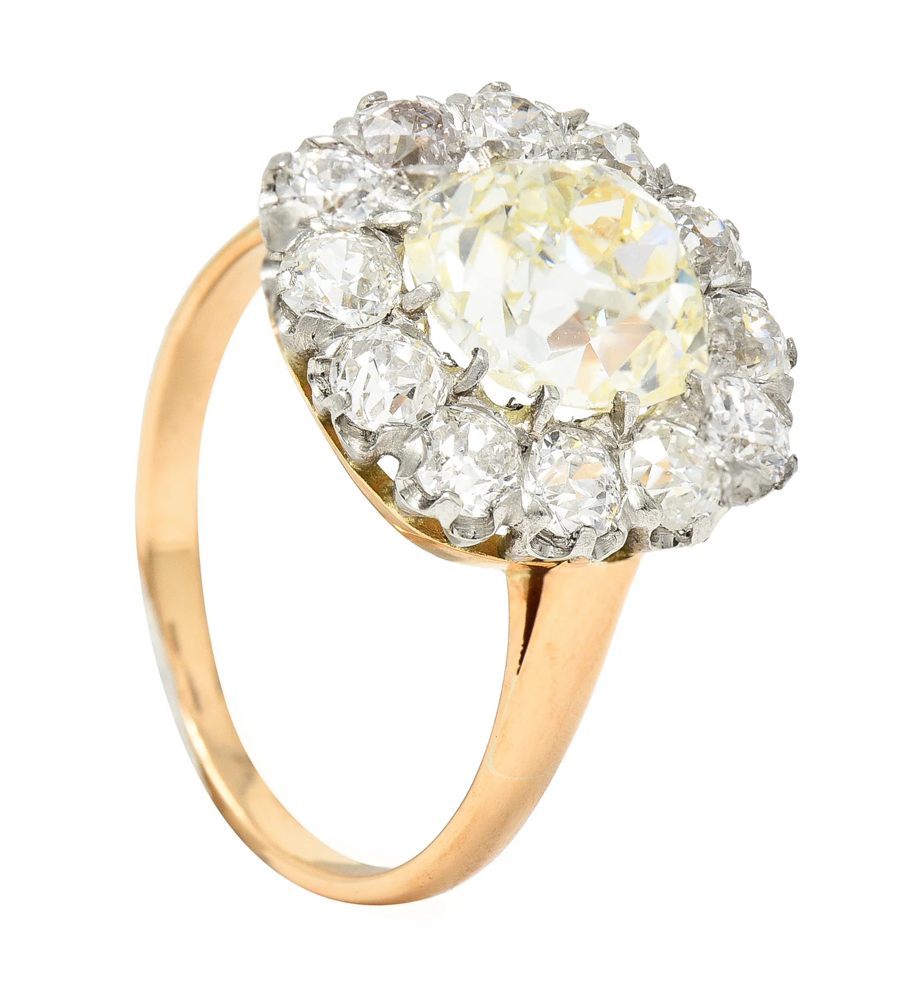 Edwardian 4.16 CTW Old Mine Old European Cut Diamond Platinum-Topped 18 Karat Yellow Gold Cluster Antique Engagement Ring - Image 10