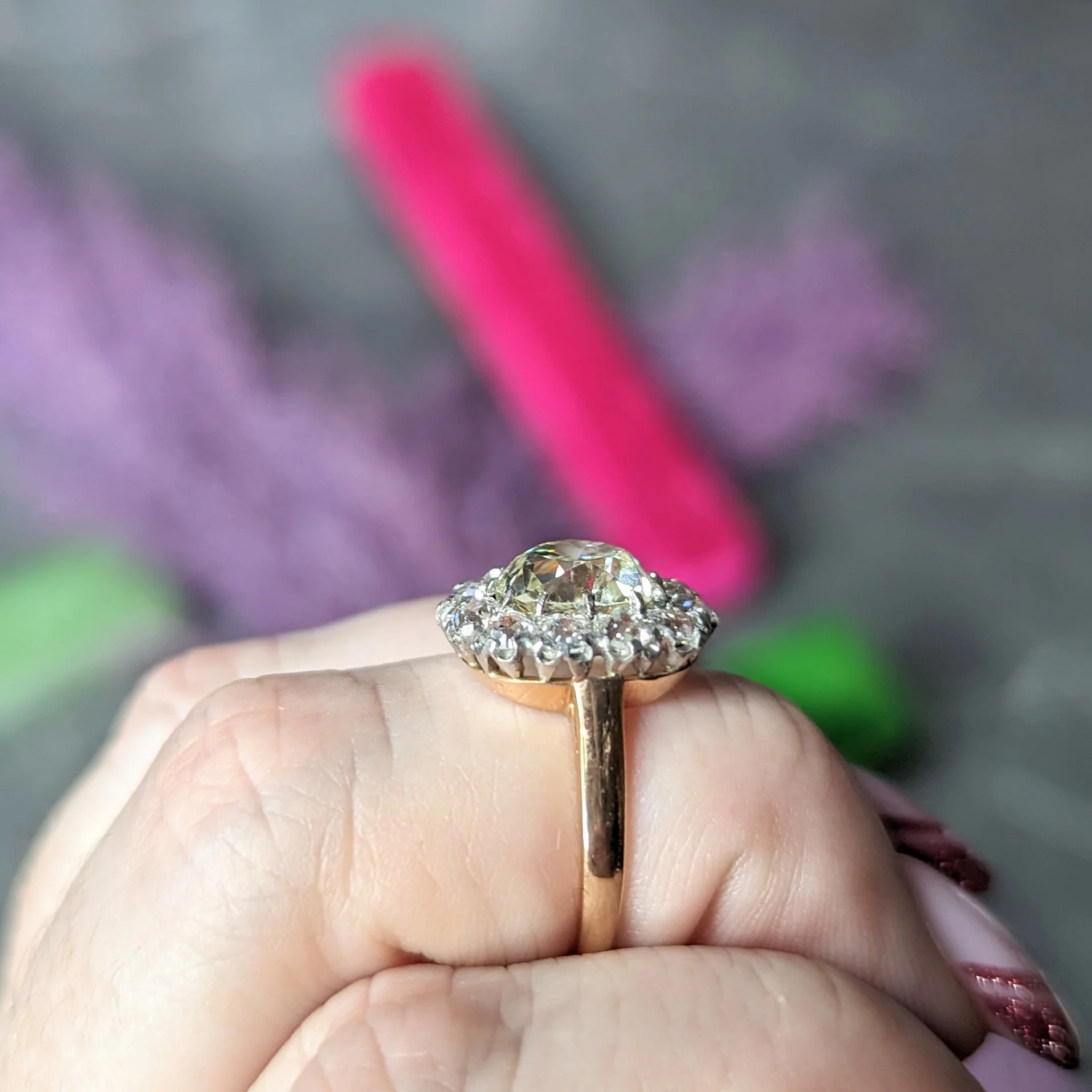 Edwardian 4.16 CTW Old Mine Old European Cut Diamond Platinum-Topped 18 Karat Yellow Gold Cluster Antique Engagement Ring - Image 13