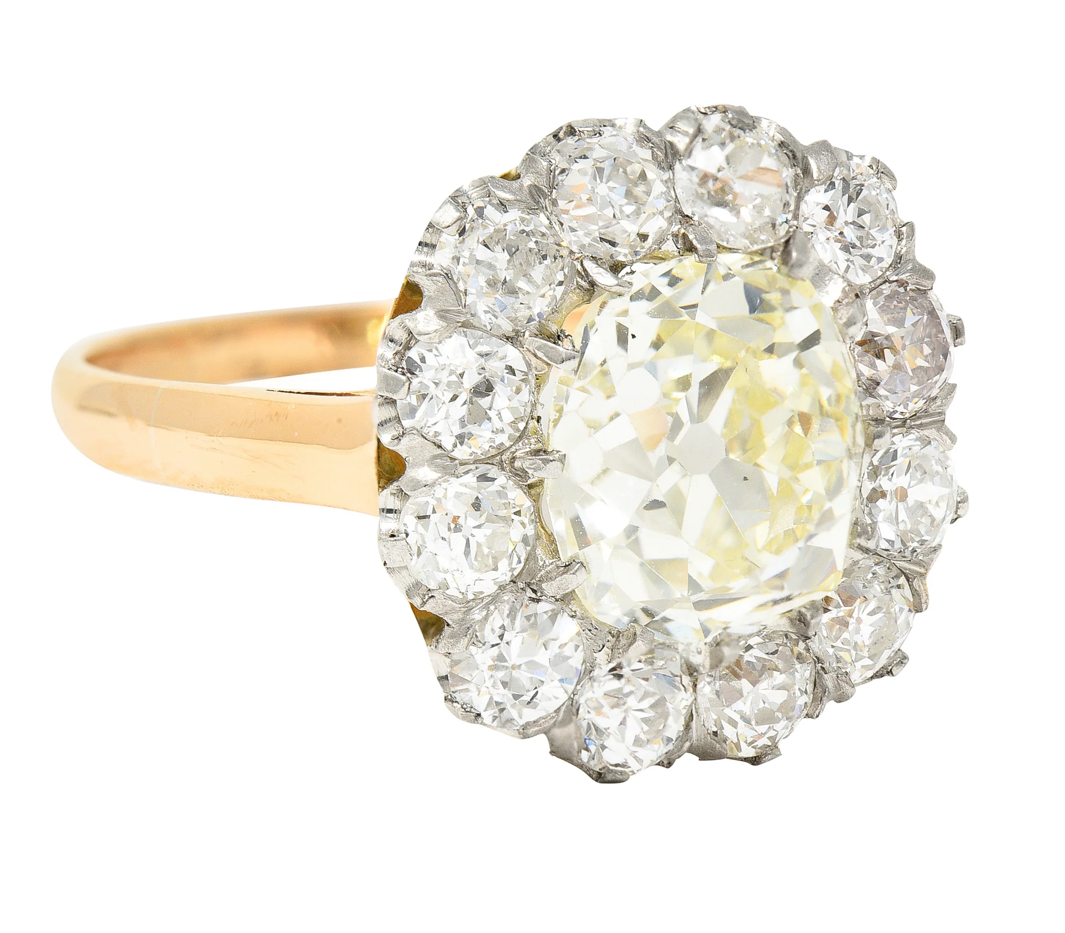 Edwardian 4.16 CTW Old Mine Old European Cut Diamond Platinum-Topped 18 Karat Yellow Gold Cluster Antique Engagement Ring - Image 3