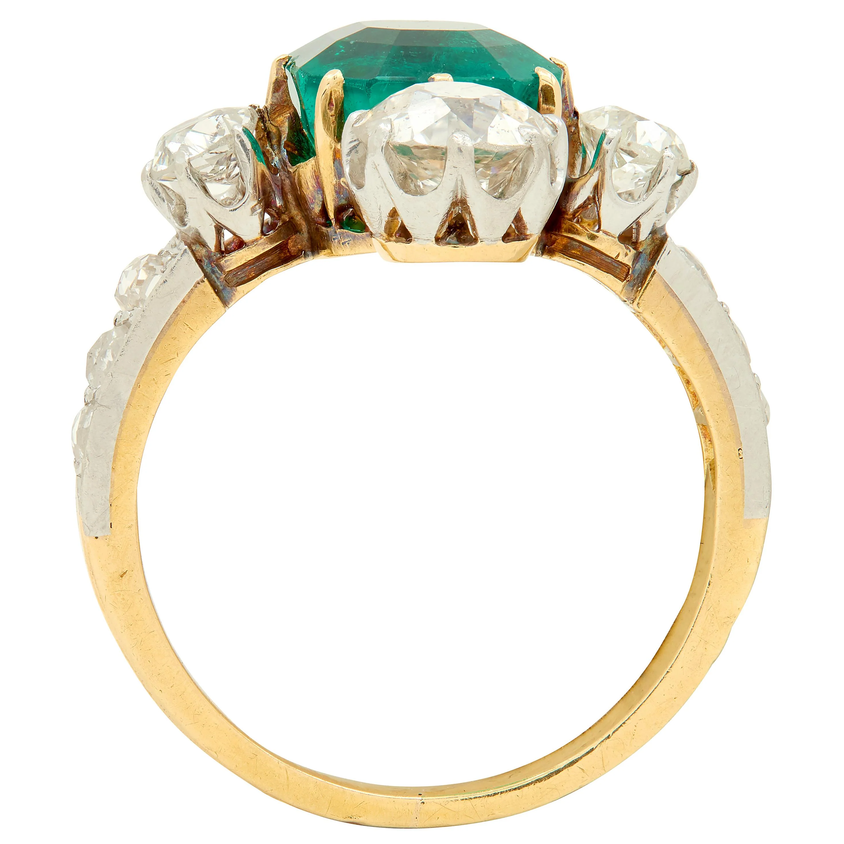 Edwardian 4.25 CTW Colombian Emerald Diamond Platinum 18 Karat Yellow Gold Antique Quatrefoil Ring AGL - Image 6