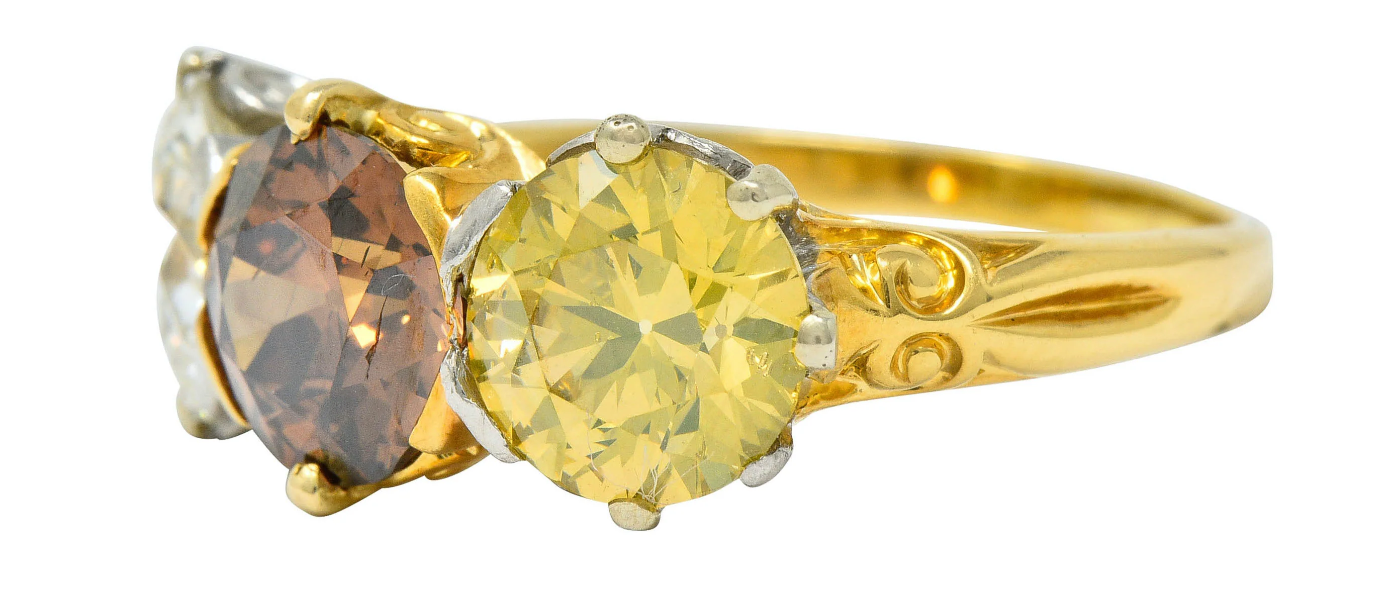Edwardian 4.31 CTW Diamond & Fancy Diamond 18 Karat Gold Platinum Three Stone Ring - Image 7