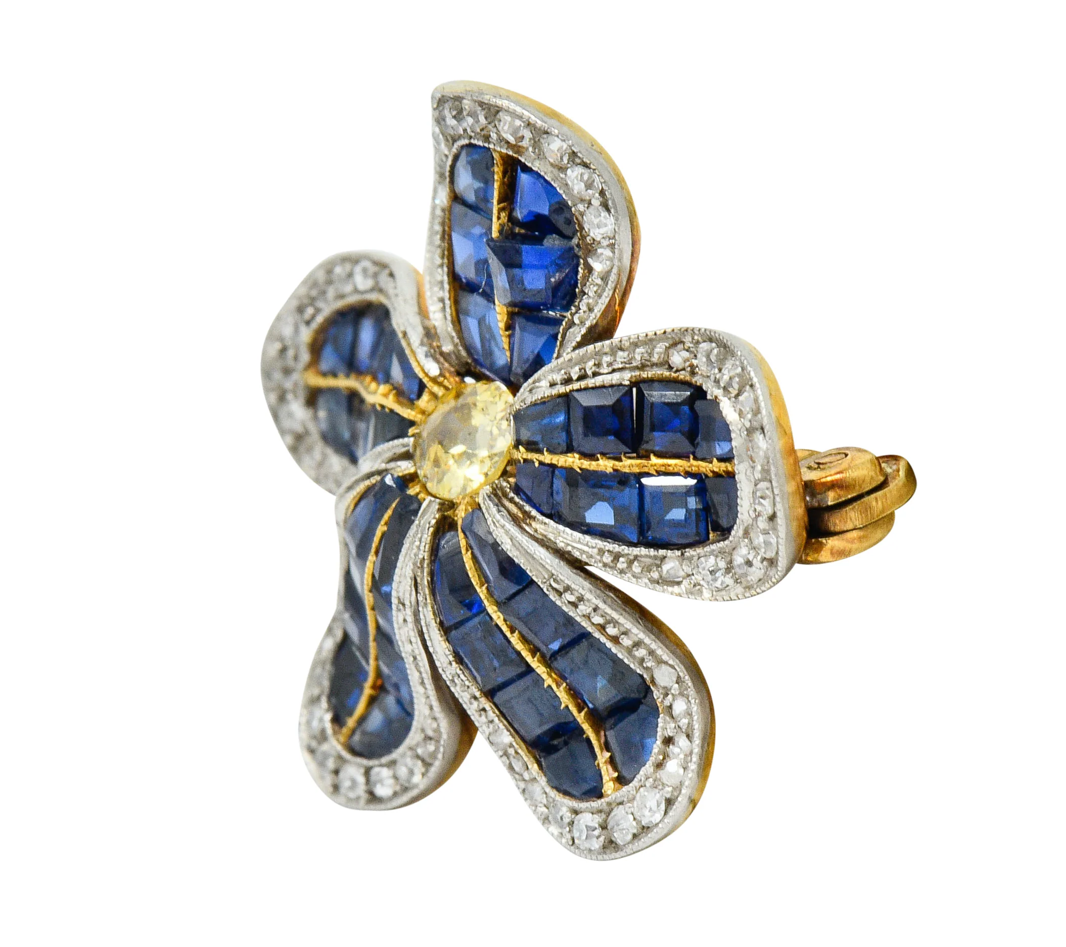 Edwardian 4.32 CTW Sapphire Fancy Colored Diamond Platinum-Topped 18 Karat Gold Flower Brooch - Image 2