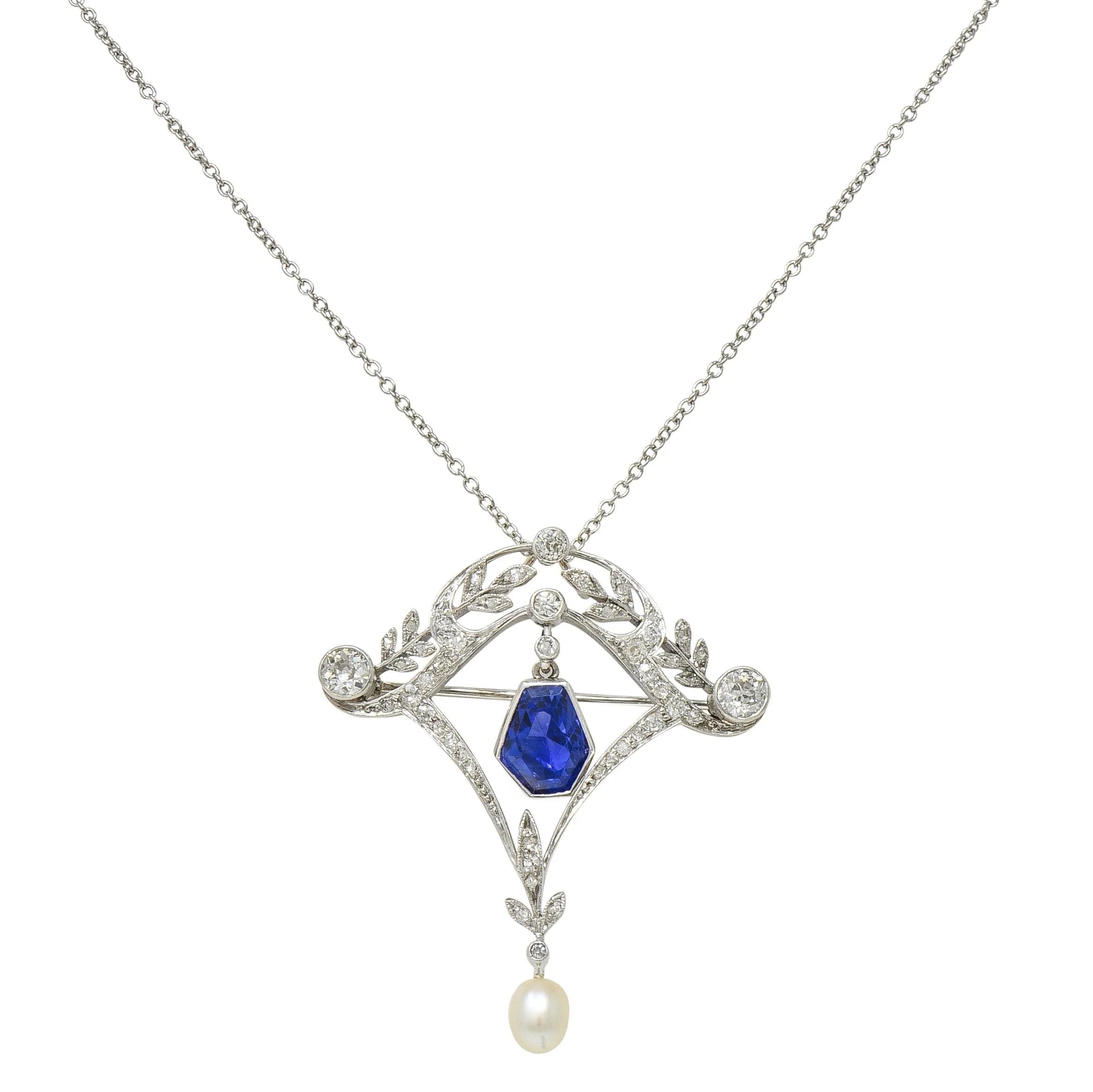 Edwardian 4.98 CTW No Heat Sapphire Diamond Platinum Antique Lavalier Pendant Necklace GIA