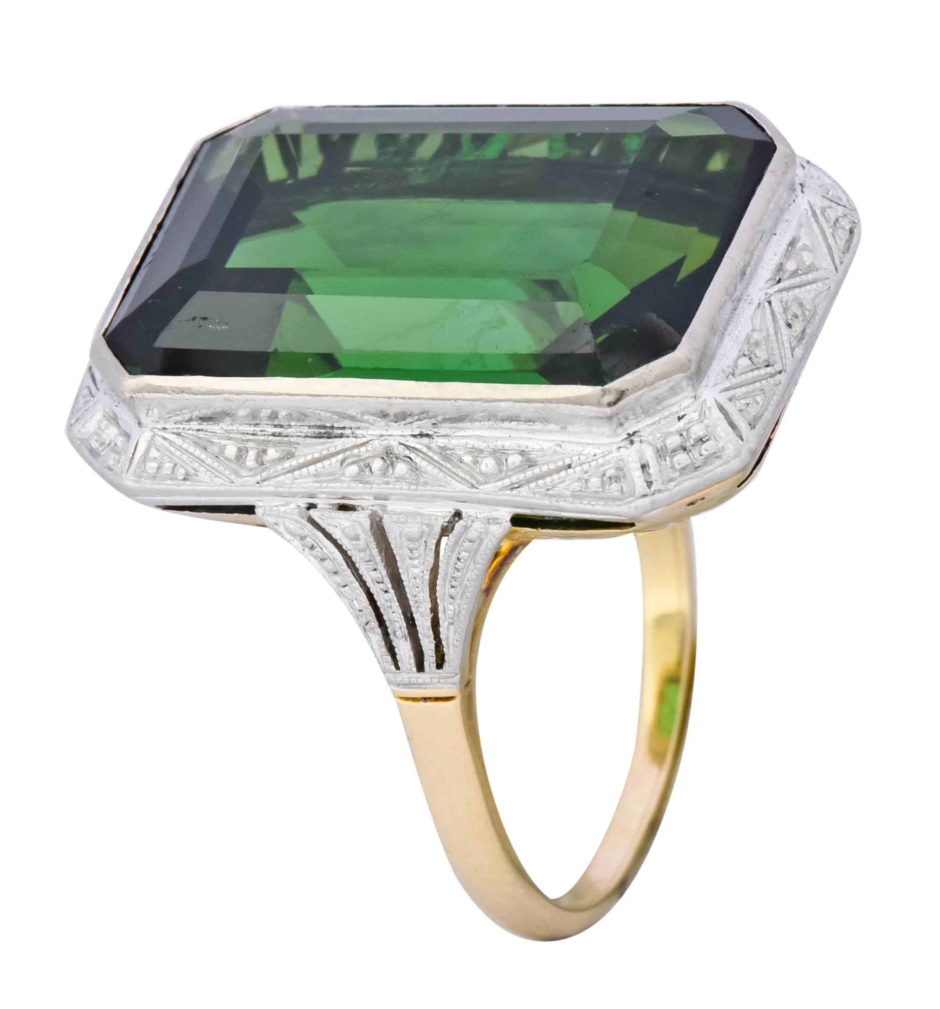 Edwardian 45.28 CTW Green Tourmaline Platinum-Topped 14 Karat Gold Cocktail Ring - Image 8
