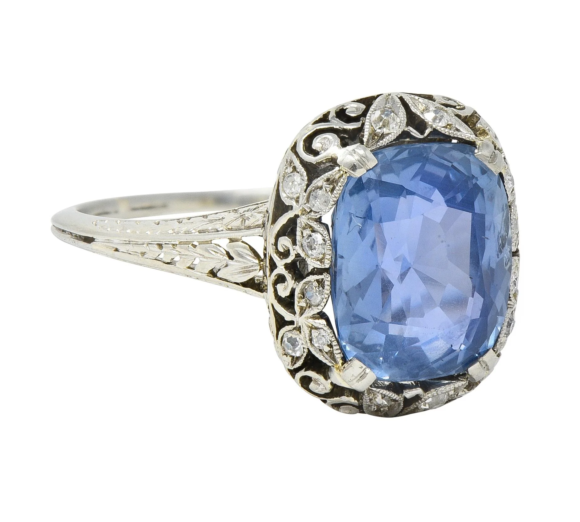 Edwardian 5.15 CTW No Heat Ceylon Sapphire Diamond Platinum Antique Ring GIA - Image 3