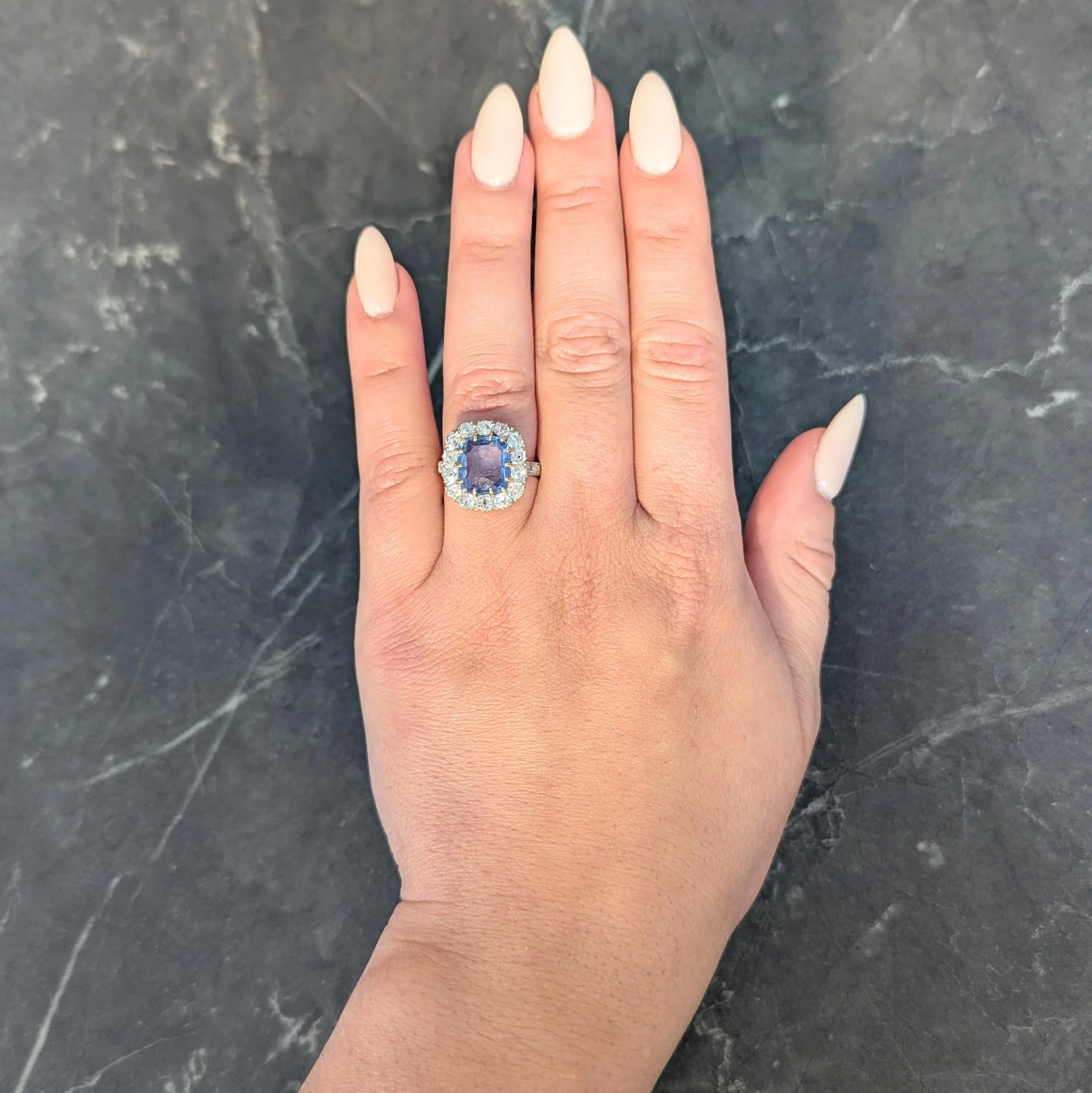 Edwardian 5.29 CTW No Heat Ceylon Sapphire Diamond Platinum 18 Karat Gold Antique Halo Ring GIA - Image 12