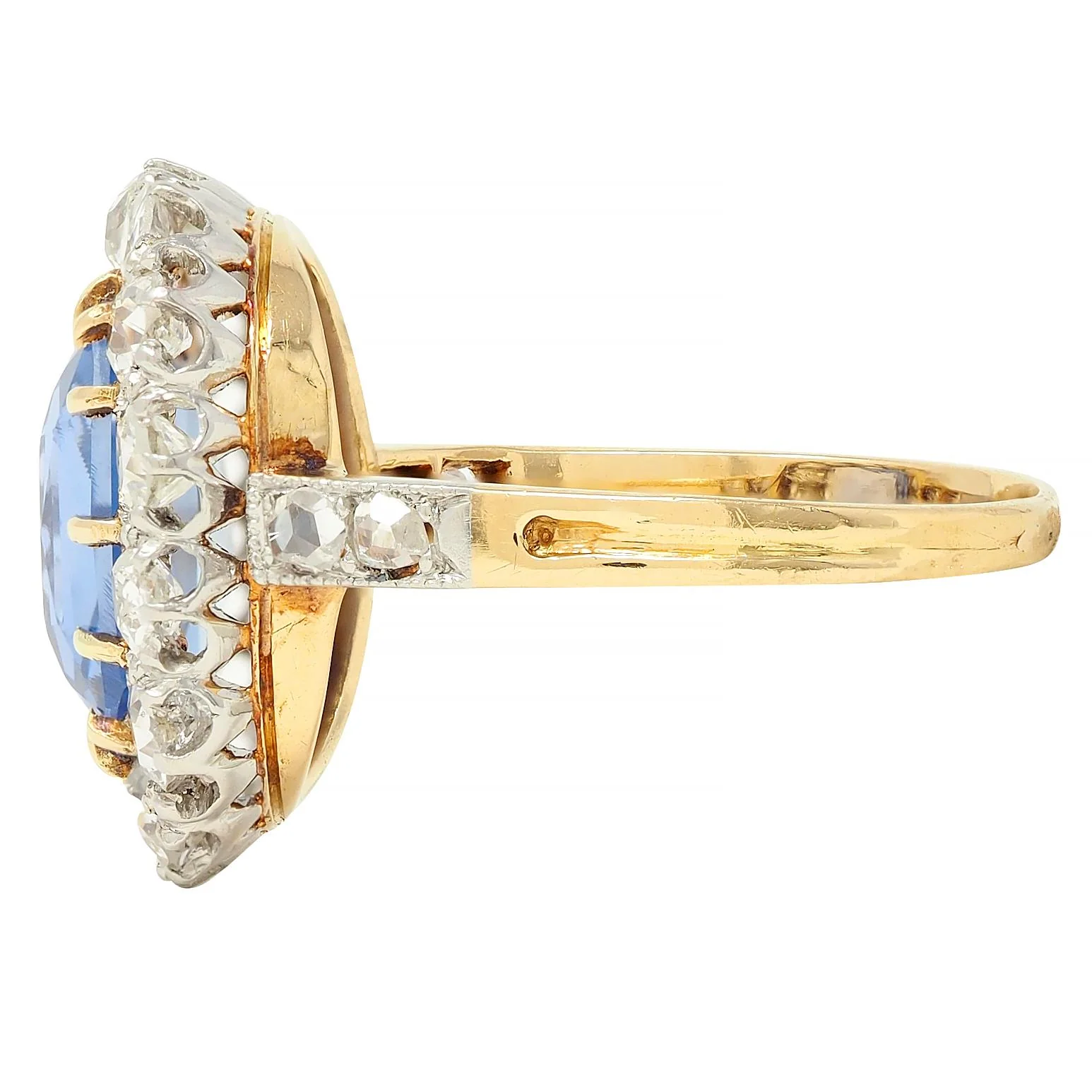 Edwardian 5.29 CTW No Heat Ceylon Sapphire Diamond Platinum 18 Karat Gold Antique Halo Ring GIA - Image 5