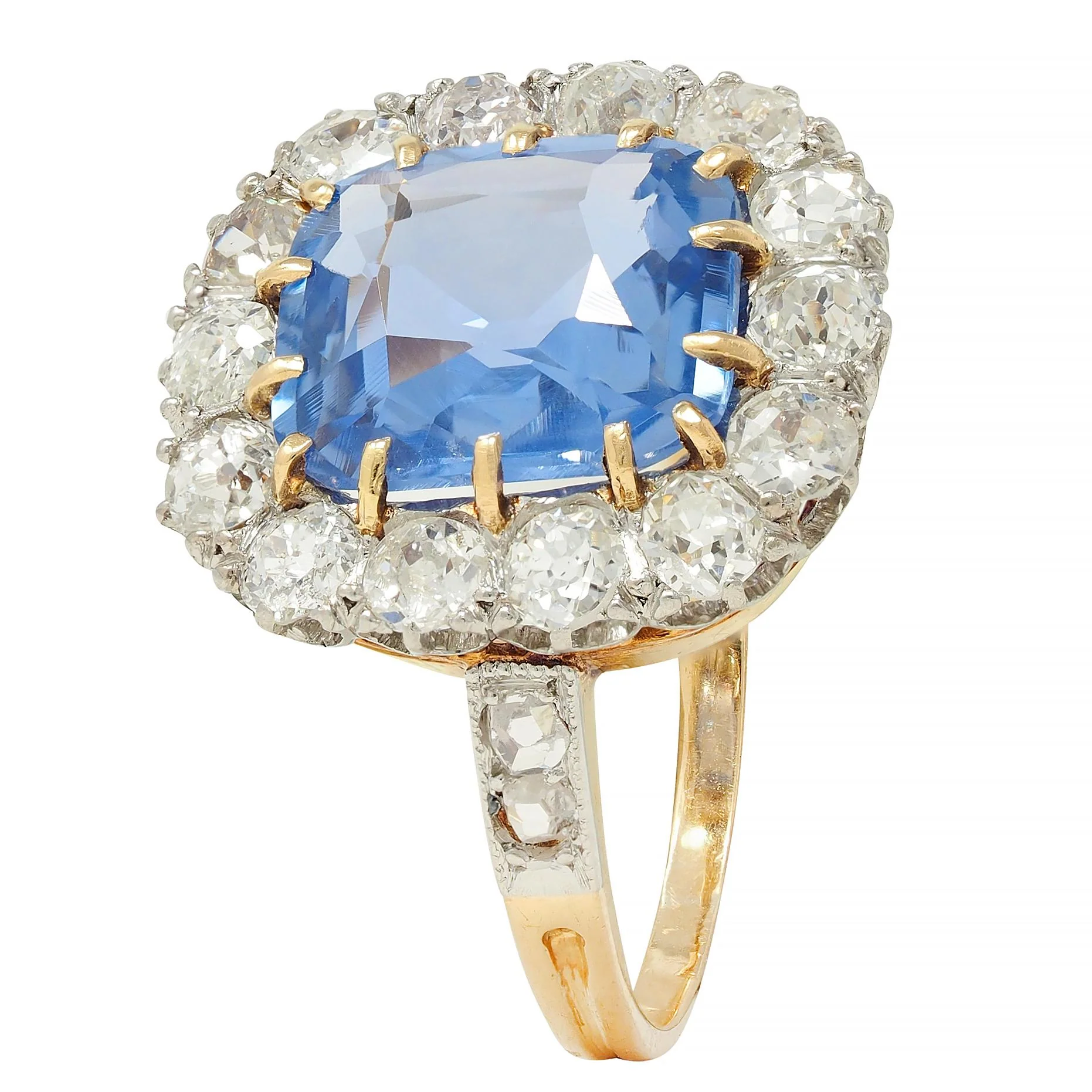 Edwardian 5.29 CTW No Heat Ceylon Sapphire Diamond Platinum 18 Karat Gold Antique Halo Ring GIA - Image 7