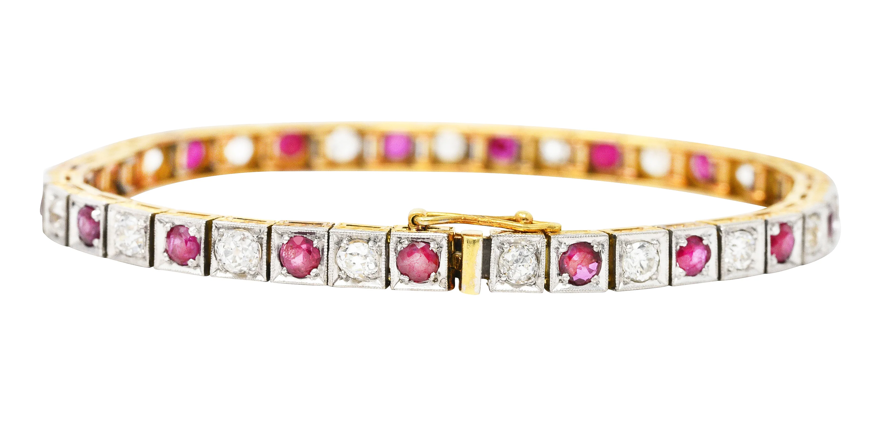 Edwardian 5.32 CTW Ruby Diamond Platinum-Topped 18 Karat Yellow Gold Milgrain Antique Line Bracelet - Image 10