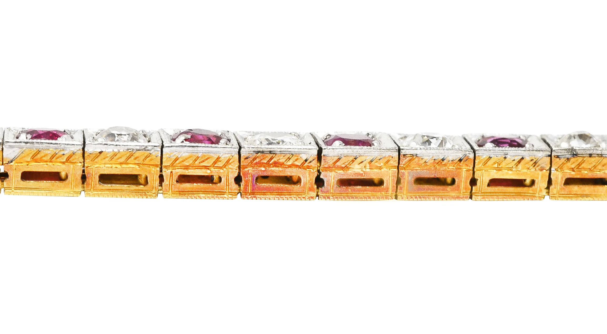Edwardian 5.32 CTW Ruby Diamond Platinum-Topped 18 Karat Yellow Gold Milgrain Antique Line Bracelet - Image 14