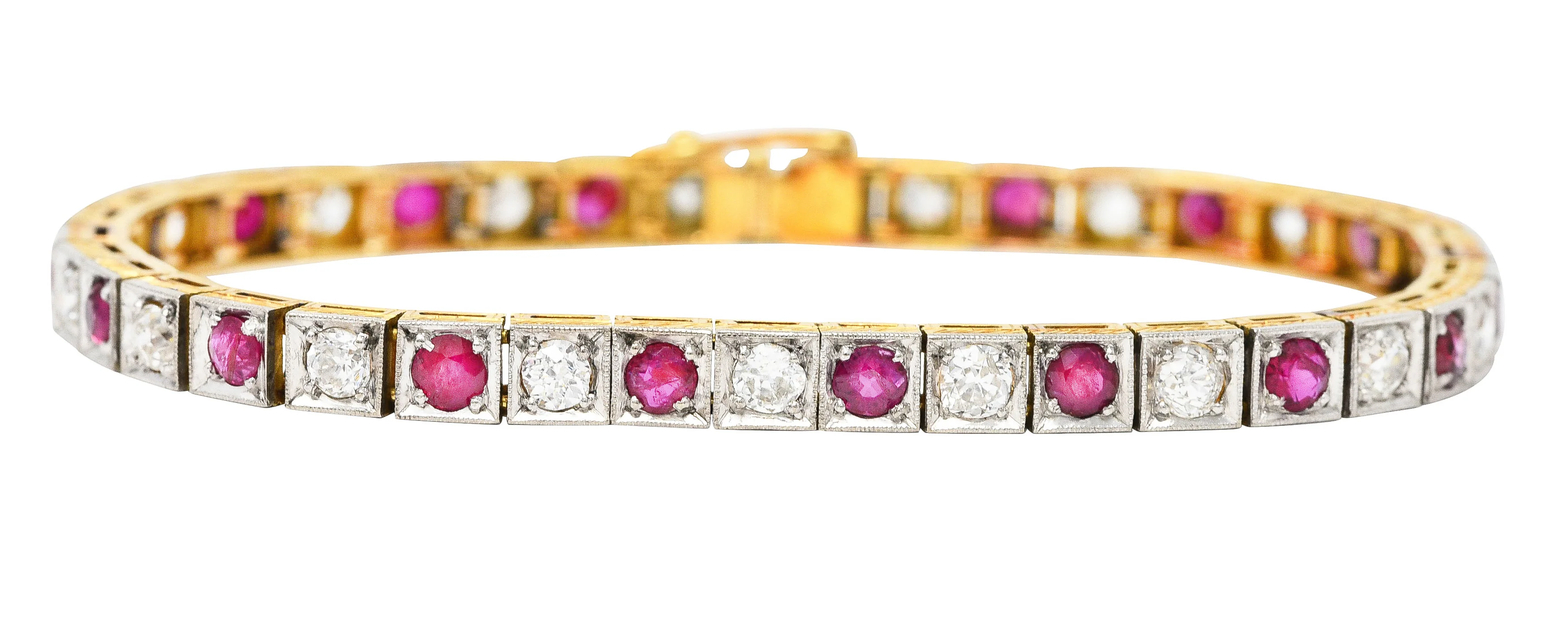 Edwardian 5.32 CTW Ruby Diamond Platinum-Topped 18 Karat Yellow Gold Milgrain Antique Line Bracelet - Image 5