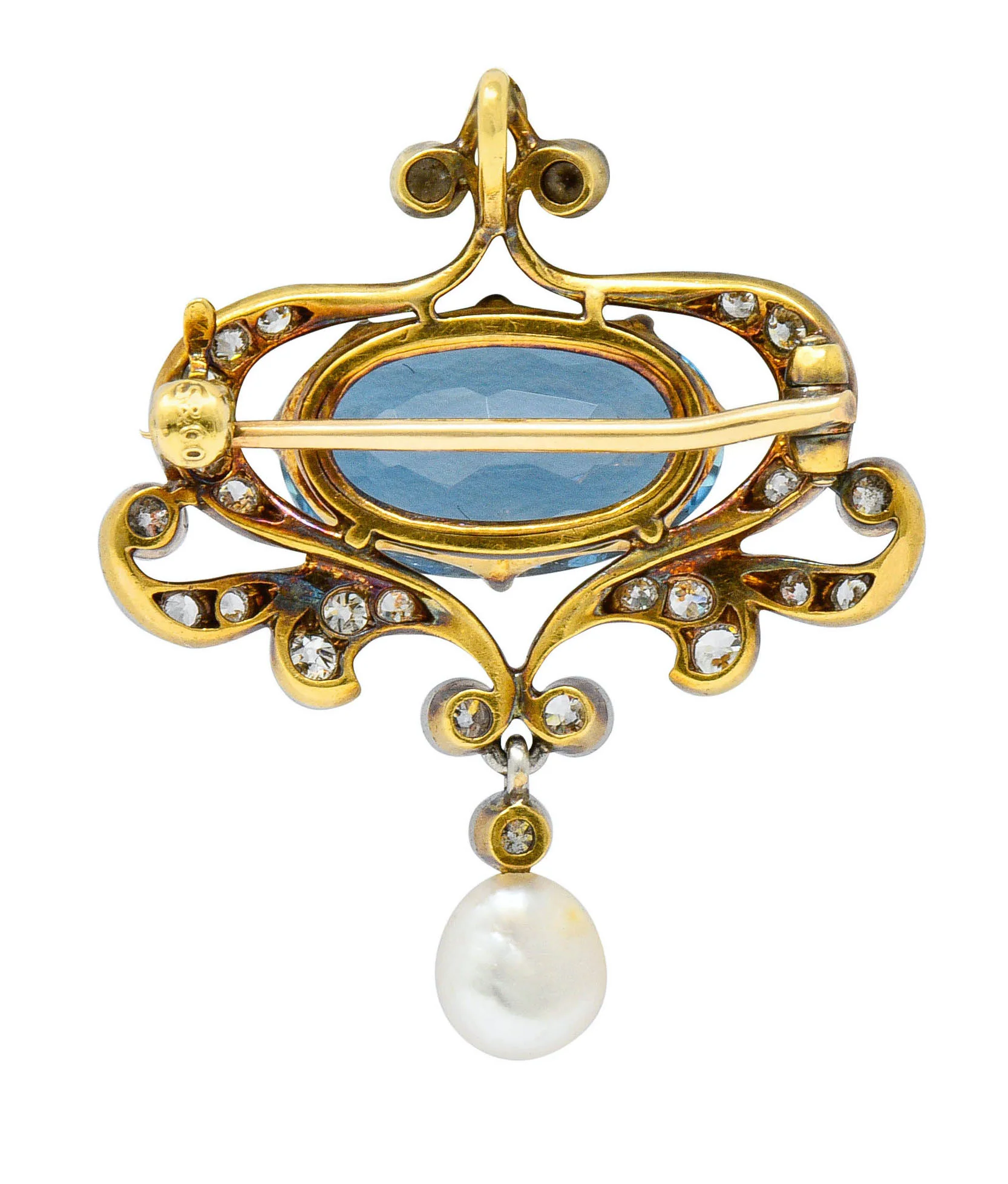 Edwardian 5.45 CTW Aquamarine Diamond Pearl Platinum-Topped 18 Karat Gold Brooch - Image 4
