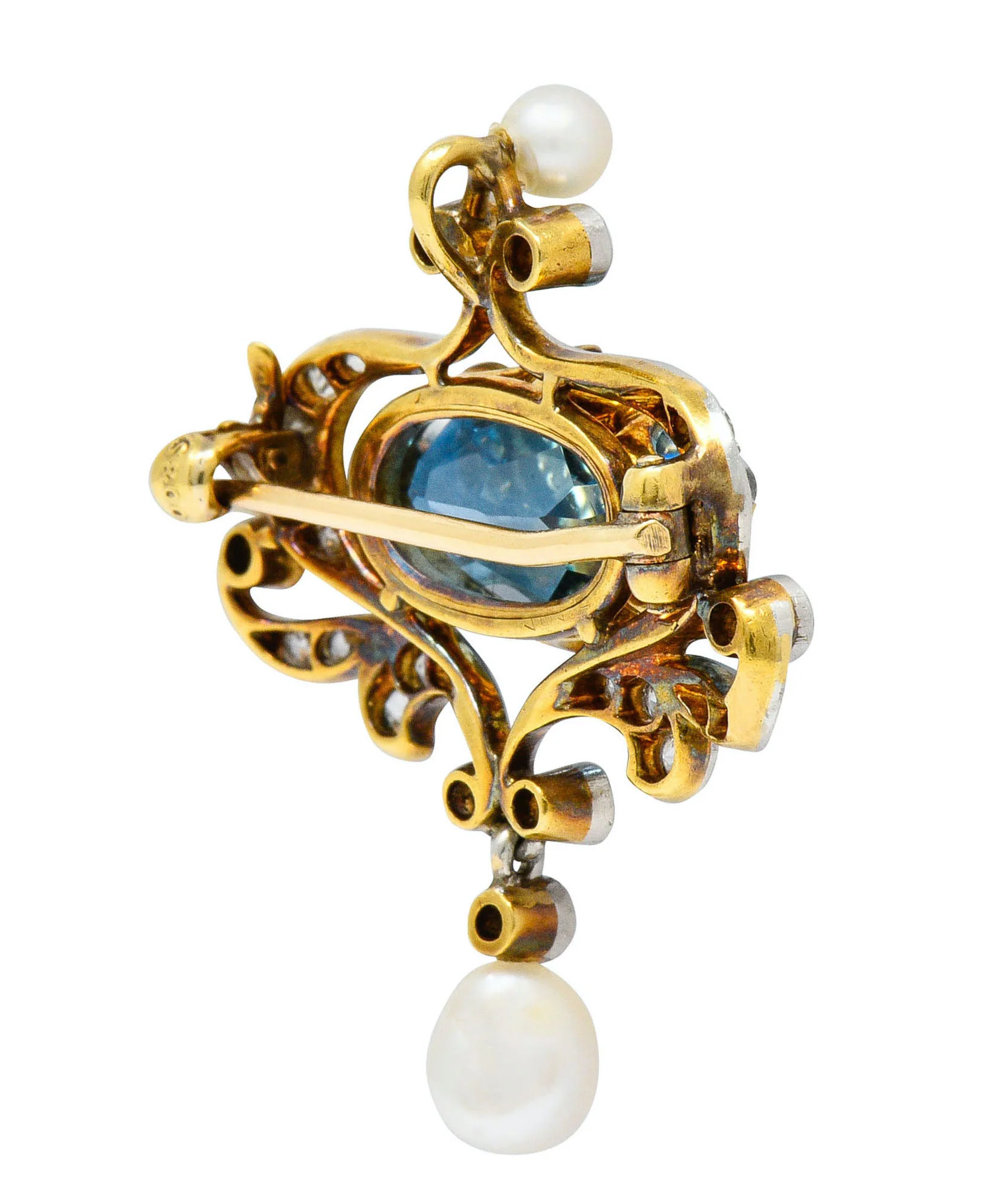 Edwardian 5.45 CTW Aquamarine Diamond Pearl Platinum-Topped 18 Karat Gold Brooch - Image 7