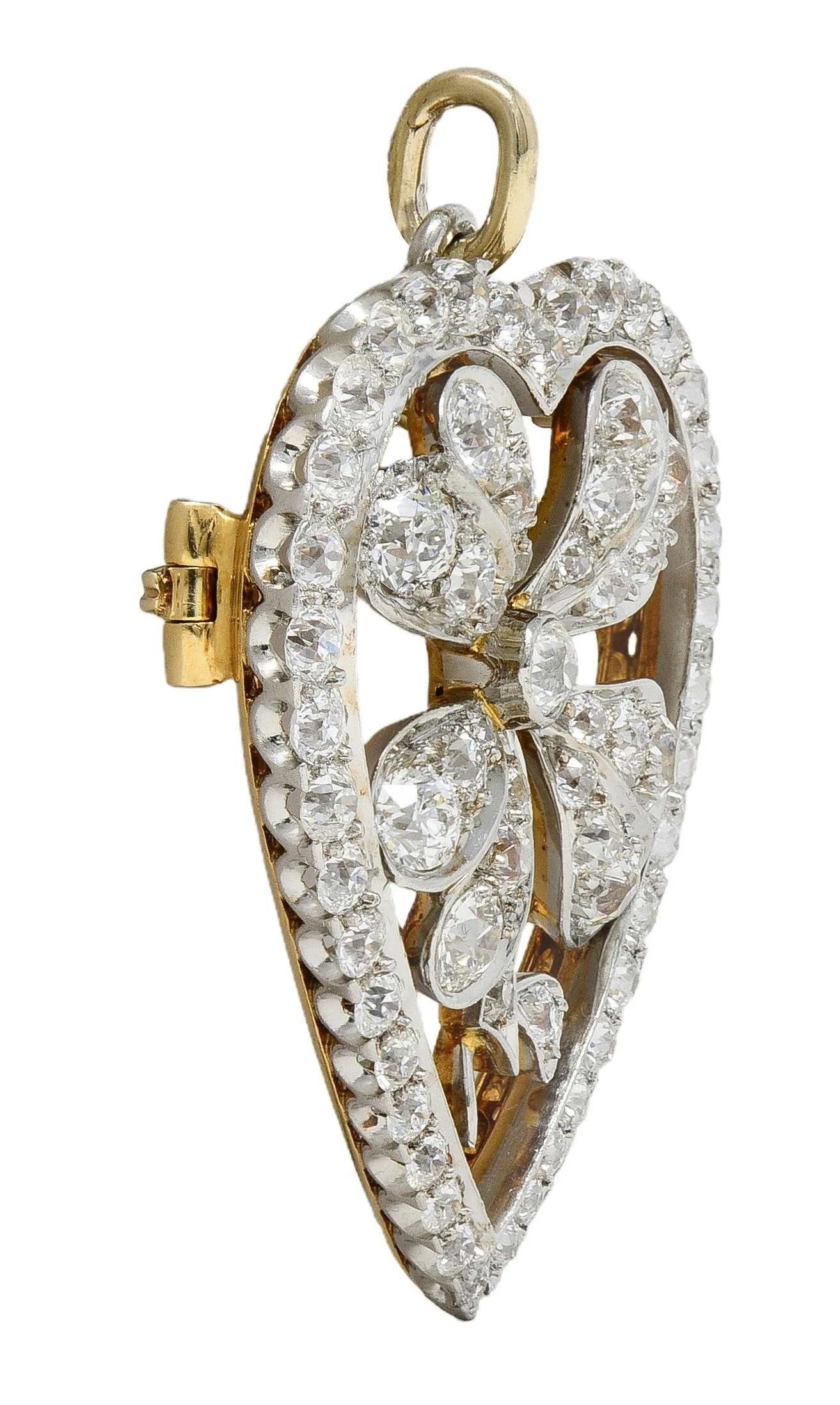 Edwardian 5.45 CTW Diamond Platinum 18 Karat Yellow Gold Antique Clover Heart Pendant Brooch - Image 6