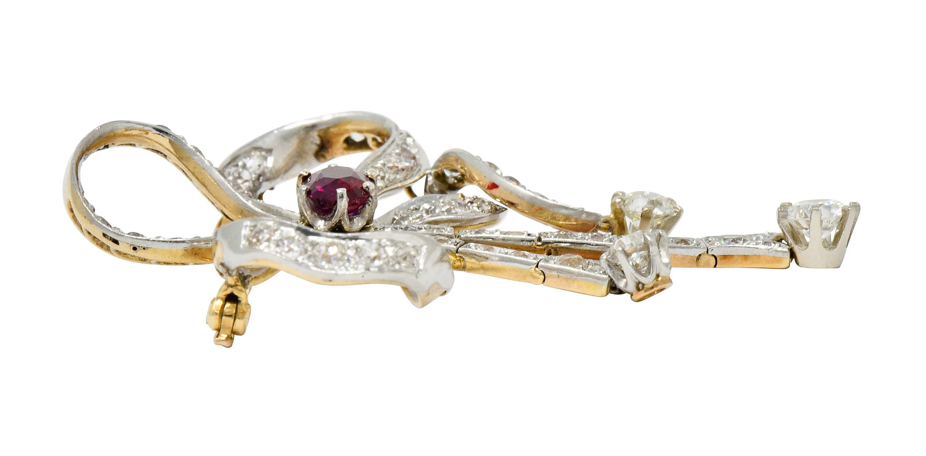 Edwardian 5.48 CTW Ruby Diamond Platinum-Topped 14 Karat Gold Bow Brooch - Image 5
