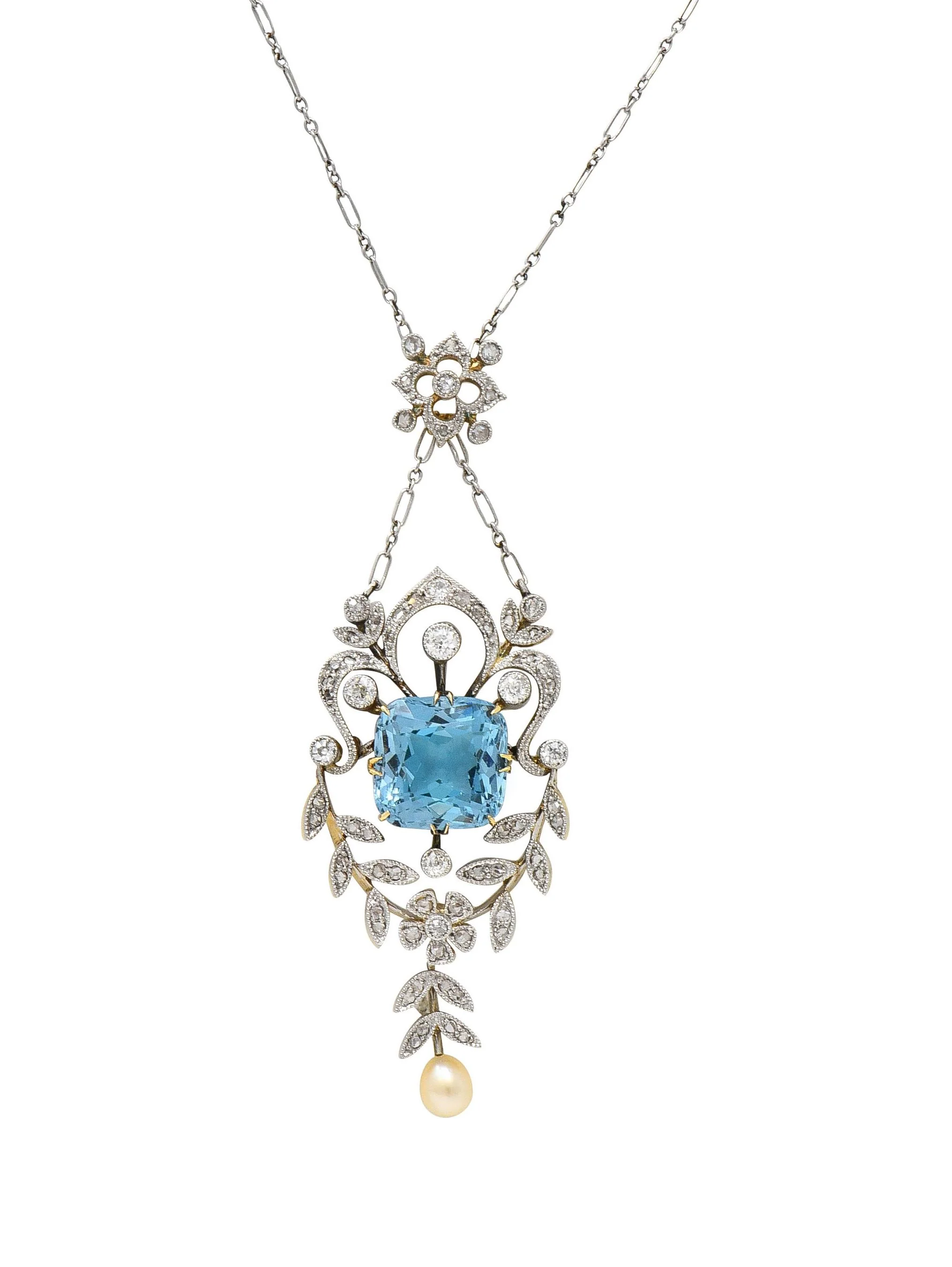 Edwardian 6.00 CTW Aquamarine Diamond Pearl Platinum 18 Karat Gold Antique Lavalier Necklace - Image 11