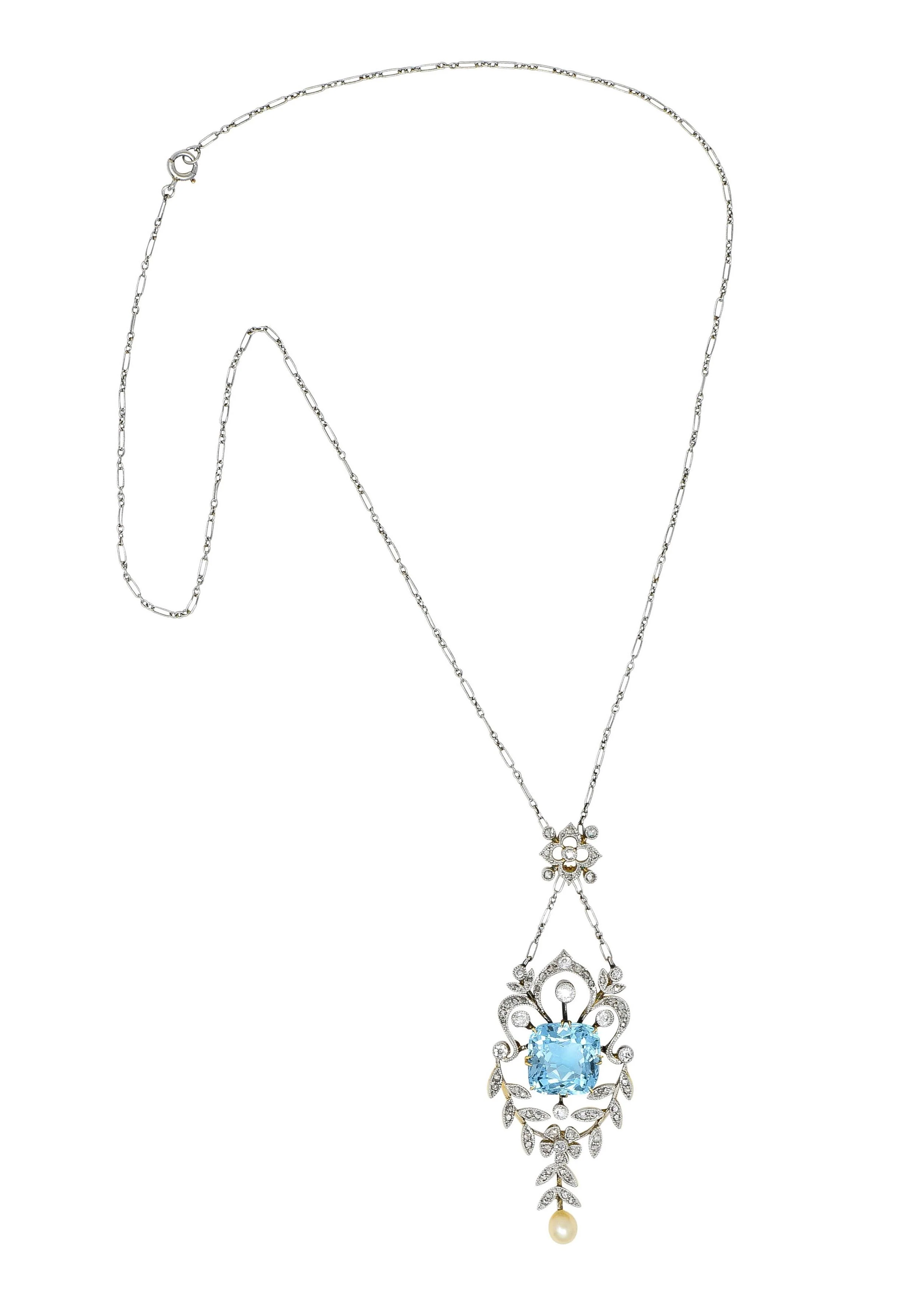 Edwardian 6.00 CTW Aquamarine Diamond Pearl Platinum 18 Karat Gold Antique Lavalier Necklace - Image 3
