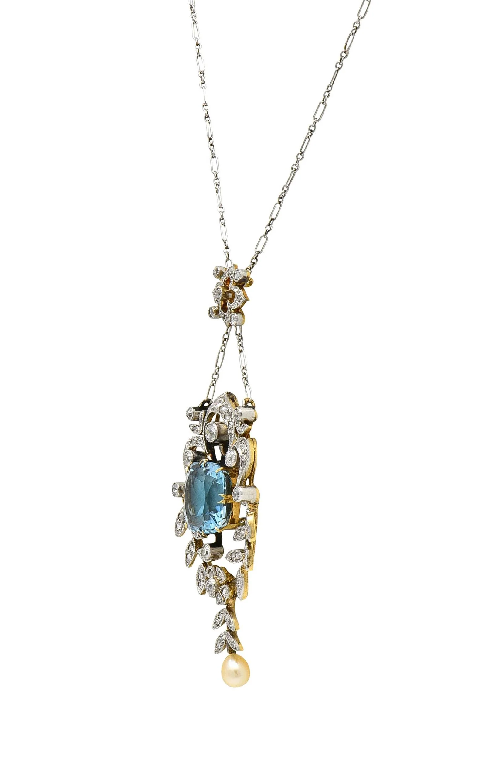 Edwardian 6.00 CTW Aquamarine Diamond Pearl Platinum 18 Karat Gold Antique Lavalier Necklace - Image 4