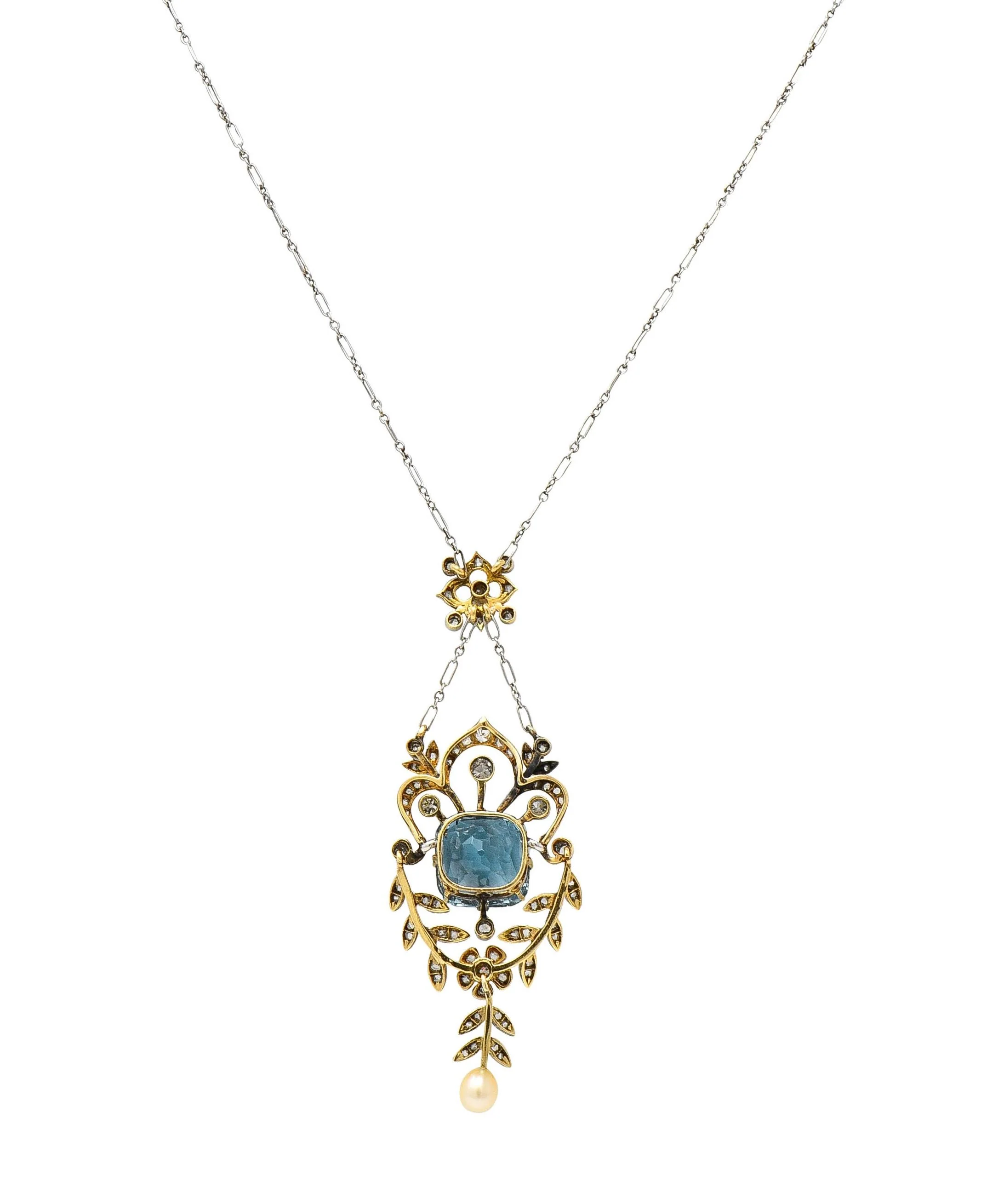 Edwardian 6.00 CTW Aquamarine Diamond Pearl Platinum 18 Karat Gold Antique Lavalier Necklace - Image 5