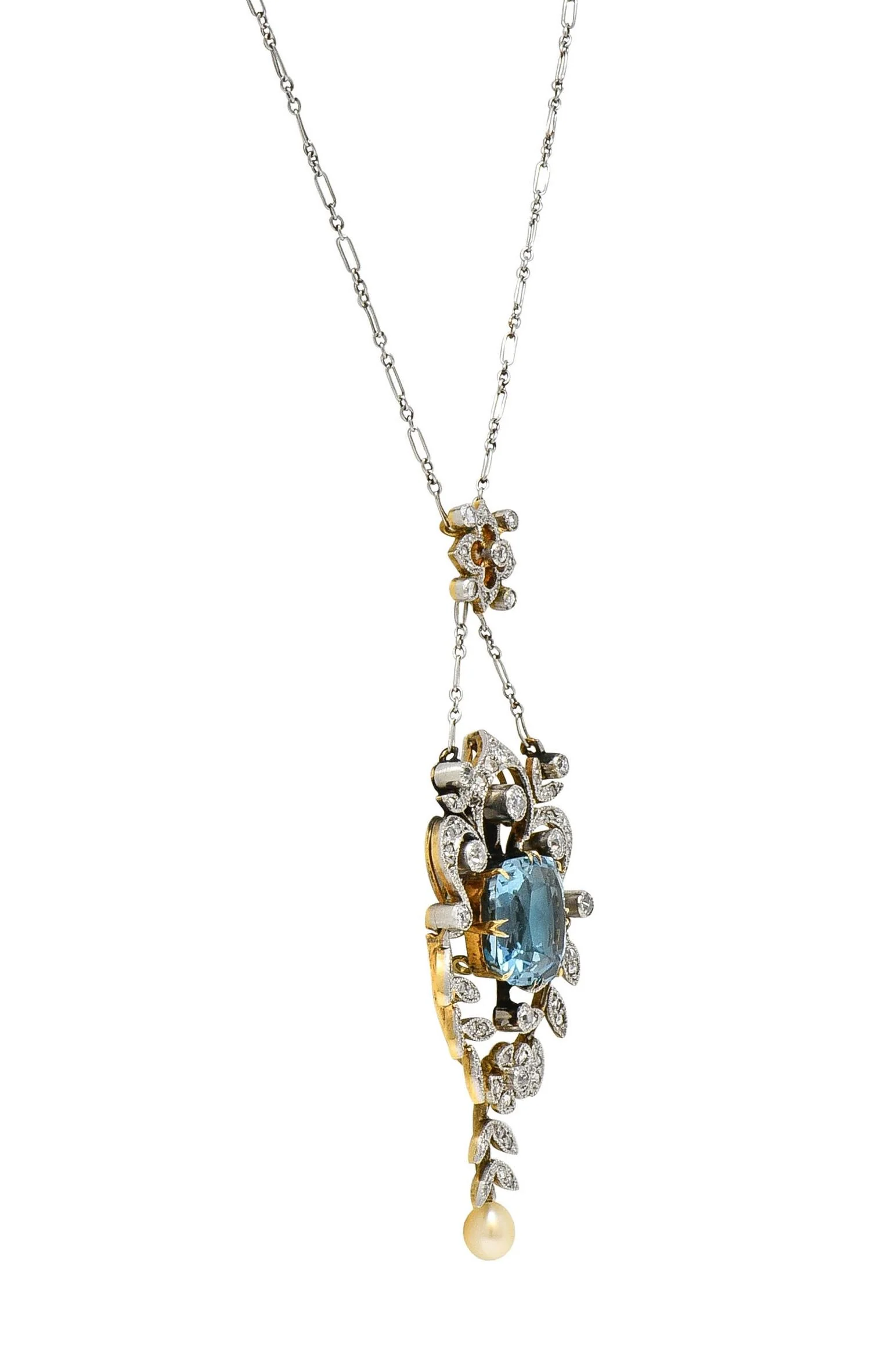 Edwardian 6.00 CTW Aquamarine Diamond Pearl Platinum 18 Karat Gold Antique Lavalier Necklace - Image 6