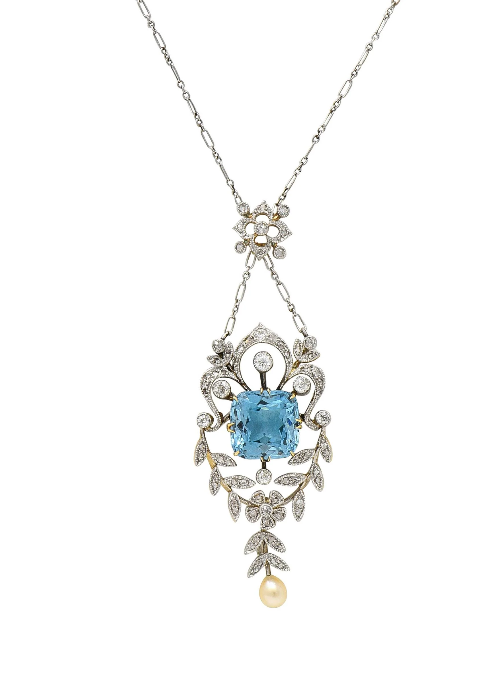 Edwardian 6.00 CTW Aquamarine Diamond Pearl Platinum 18 Karat Gold Antique Lavalier Necklace - Image 7