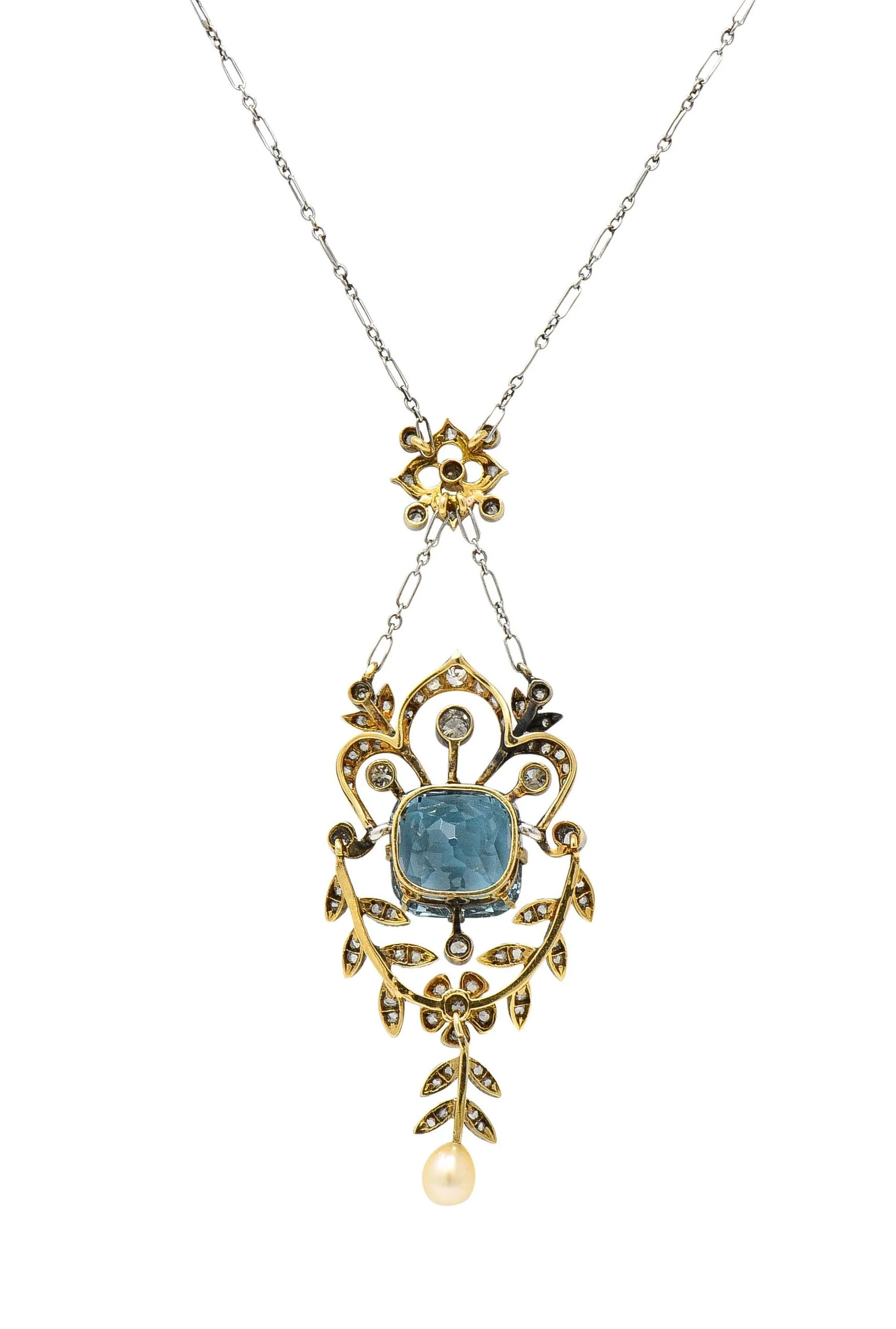 Edwardian 6.00 CTW Aquamarine Diamond Pearl Platinum 18 Karat Gold Antique Lavalier Necklace - Image 8
