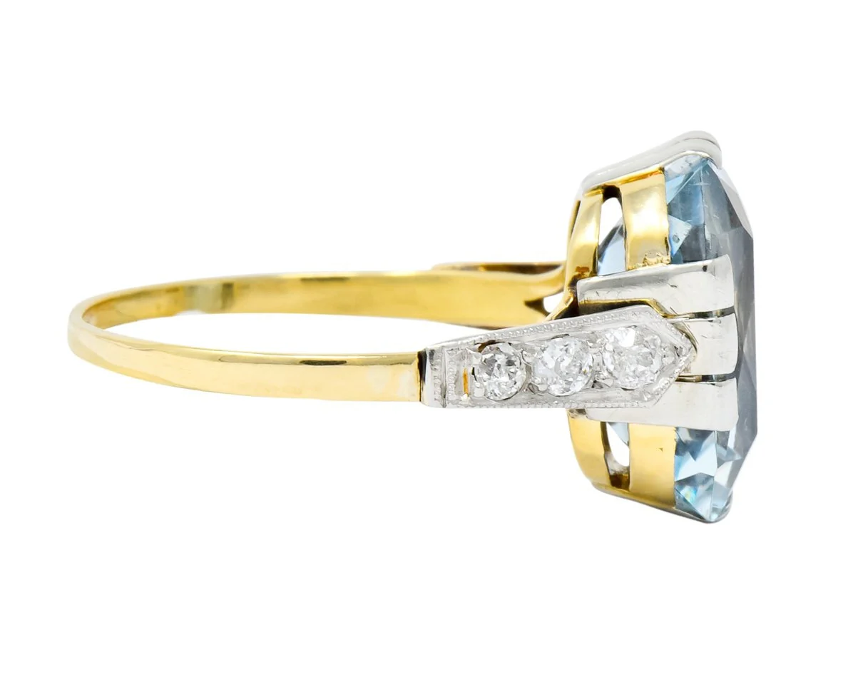 Edwardian 6.25 CTW Aquamarine Diamond Platinum-Topped 18 Karat Gold Ring Circa 1915 - Image 3