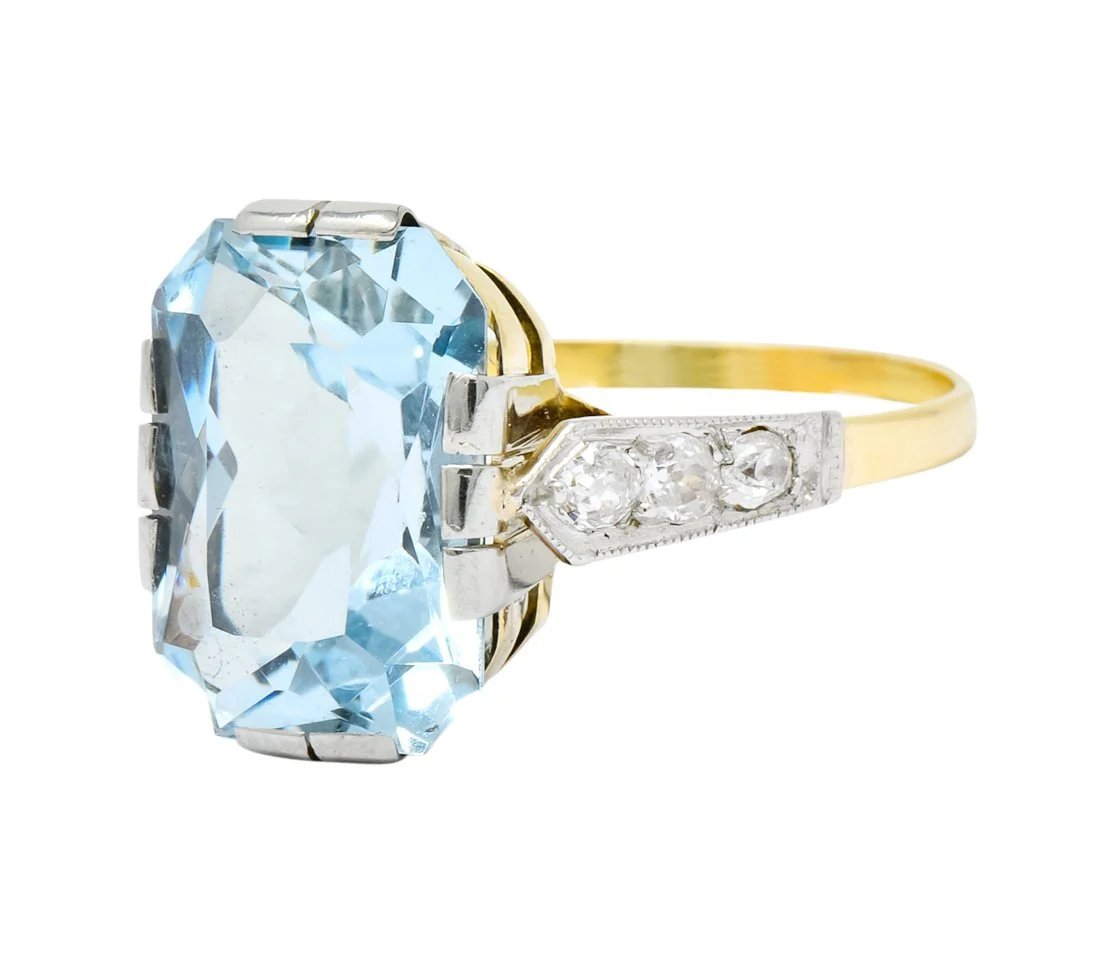 Edwardian 6.25 CTW Aquamarine Diamond Platinum-Topped 18 Karat Gold Ring Circa 1915 - Image 6