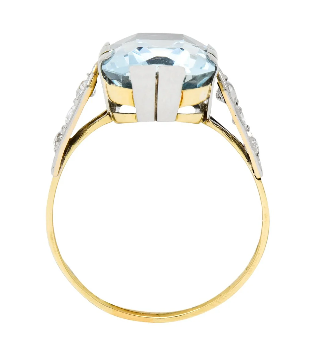 Edwardian 6.25 CTW Aquamarine Diamond Platinum-Topped 18 Karat Gold Ring Circa 1915 - Image 7