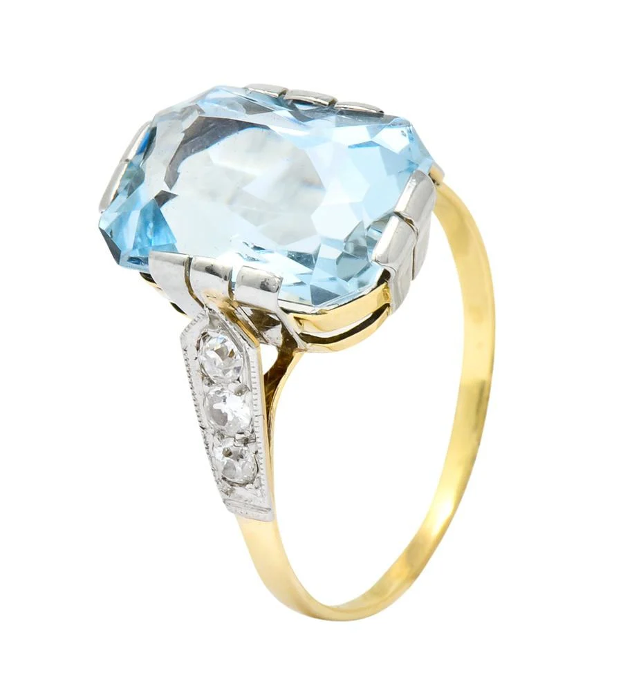 Edwardian 6.25 CTW Aquamarine Diamond Platinum-Topped 18 Karat Gold Ring Circa 1915 - Image 8