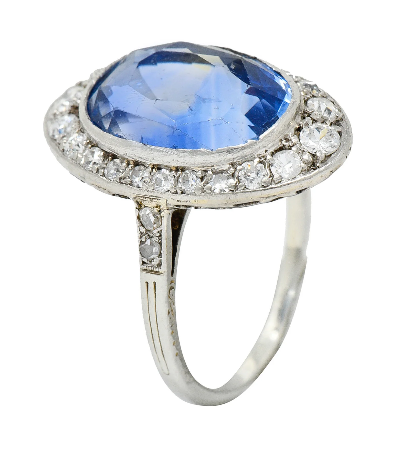 Edwardian 8.69 CTW No Heat Ceylon Sapphire Diamond 18 Karat White Gold Dinner Ring GIA - Image 10