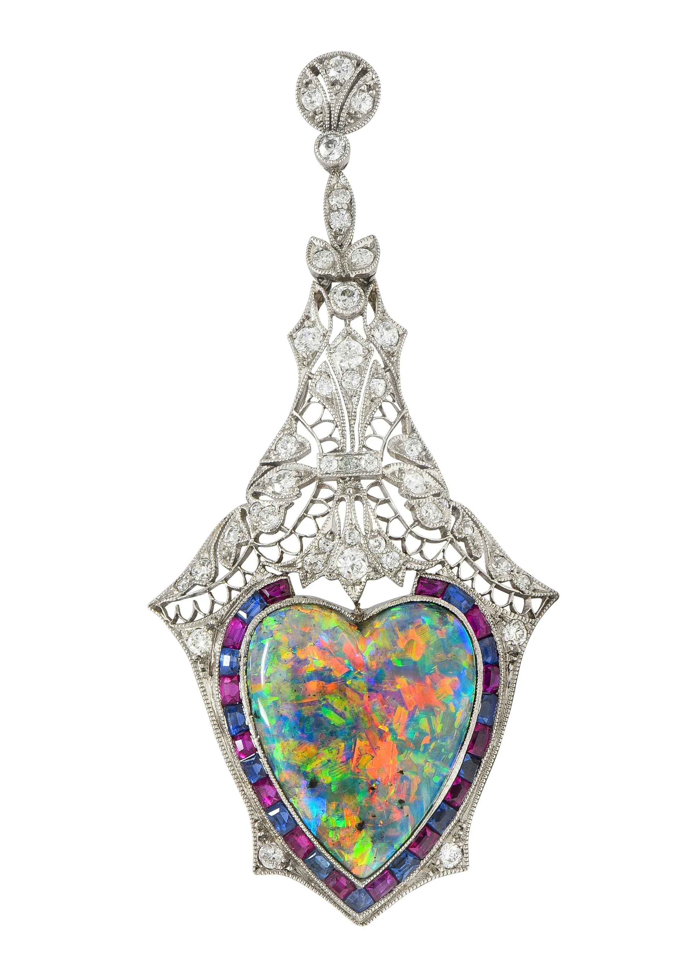 Edwardian 9.64 CTW Diamond Sapphire Ruby Heart Shaped Black Opal Foliate Antique Pendant