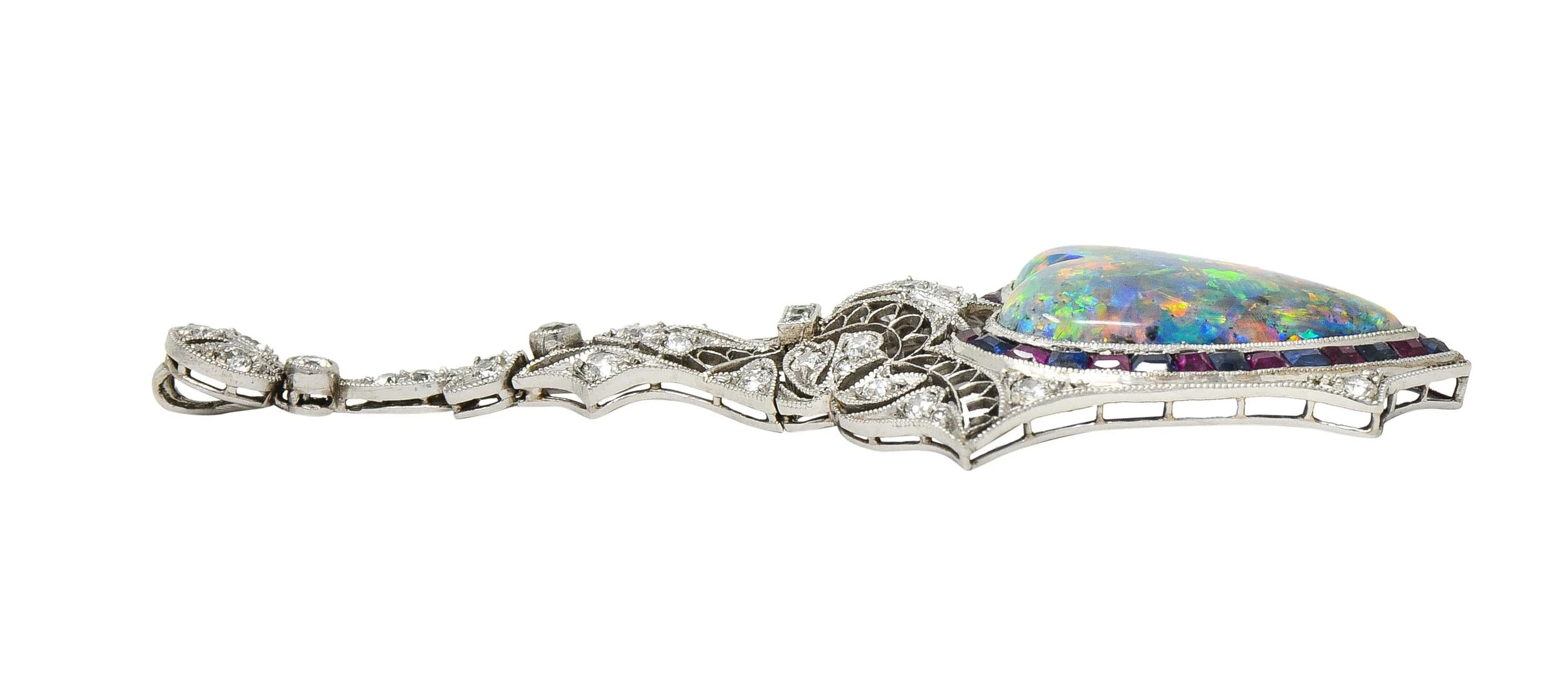 Edwardian 9.64 CTW Diamond Sapphire Ruby Heart Shaped Black Opal Foliate Antique Pendant - Image 10